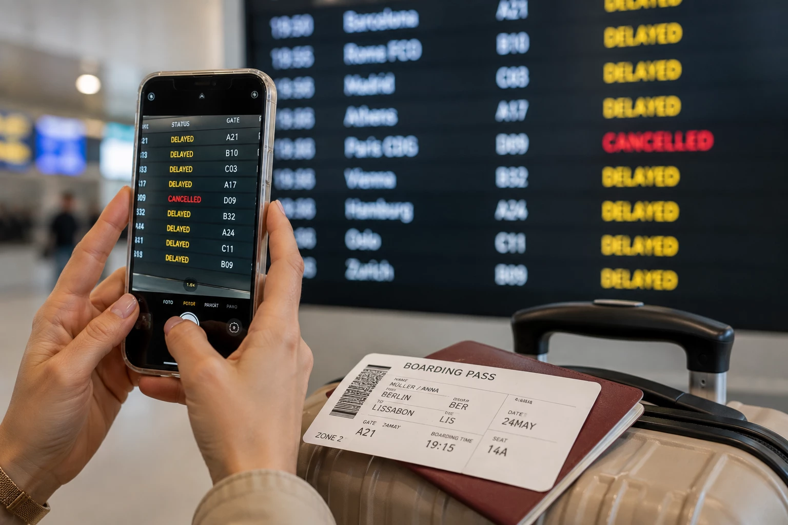 Fotografieren statt nur ärgern: Ein Bild der Anzeigetafel kann zusammen mit Boardingpass und weiteren Unterlagen helfen, eine Flugverspätung zu dokumentieren. (KI-generiert)