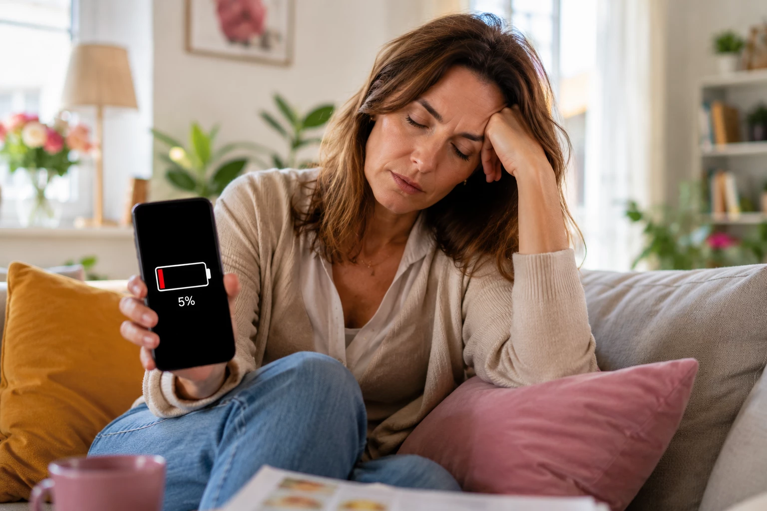 Akku leer – und das nicht nur beim Smartphone: Viele Menschen fühlen sich trotz ausreichend Schlaf dauerhaft erschöpft. (KI-generiert)