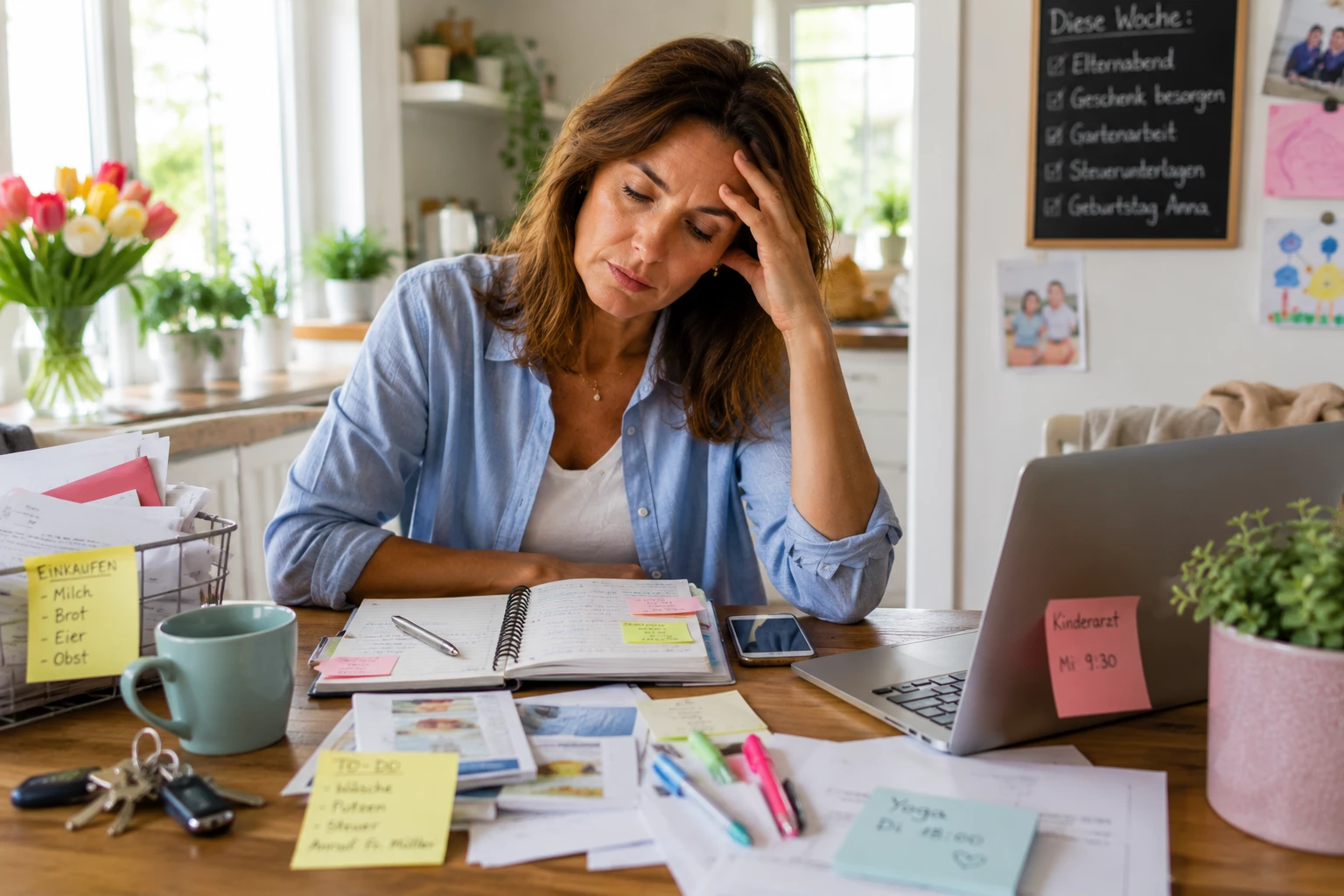 Termine, Einkauf, Arbeit und Familie: Mental Load kann dafür sorgen, dass der Kopf selbst in vermeintlichen Pausen nicht zur Ruhe kommt. (KI-generiert)