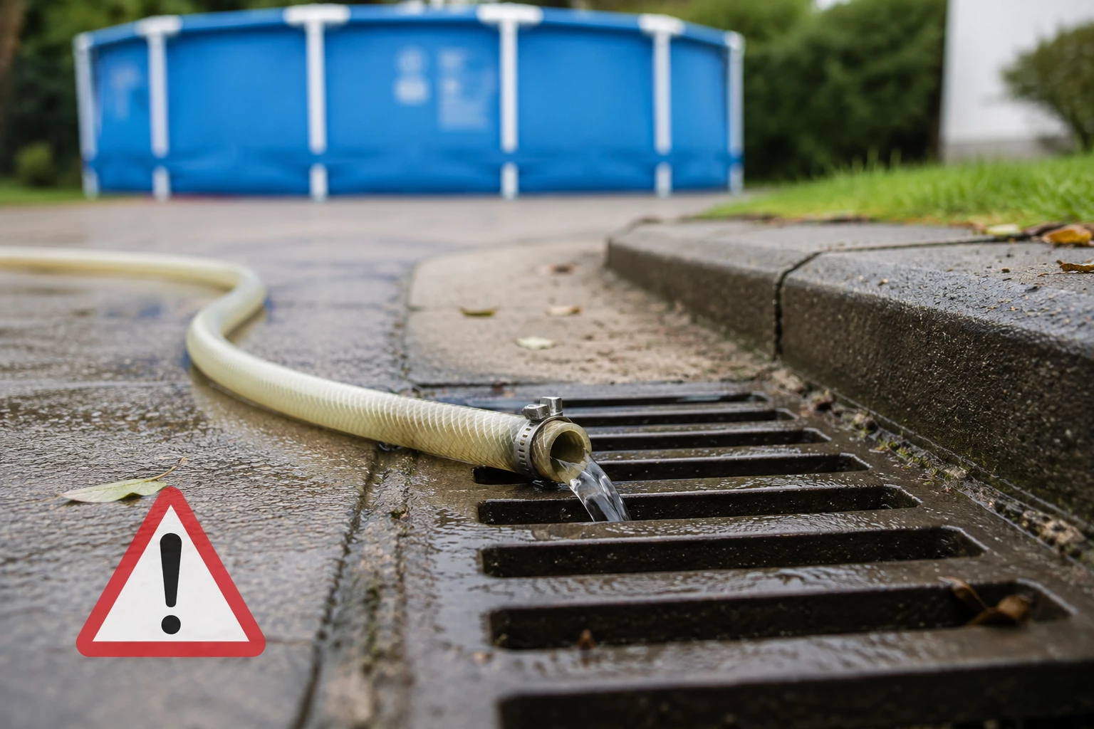 Einfach den Schlauch in den nächsten Gully legen? Genau das kann problematisch sein, denn Regenwasserabläufe können direkt in Gewässer führen. (KI-generiert)