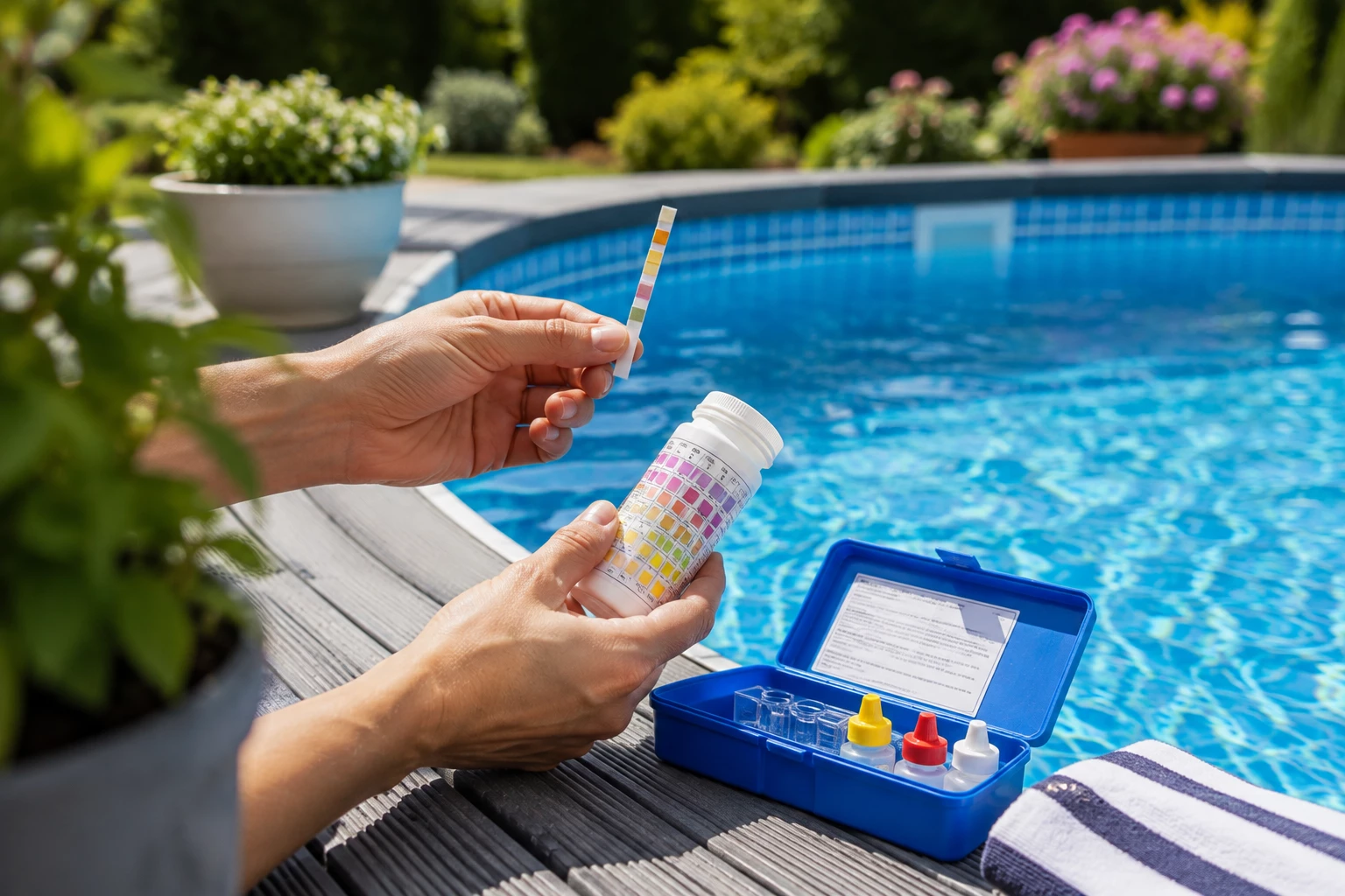 Vor dem Ablassen lohnt sich der Wassercheck: Teststreifen und Testkits zeigen unter anderem, ob noch freies Chlor im Poolwasser vorhanden ist. (KI-generiert)