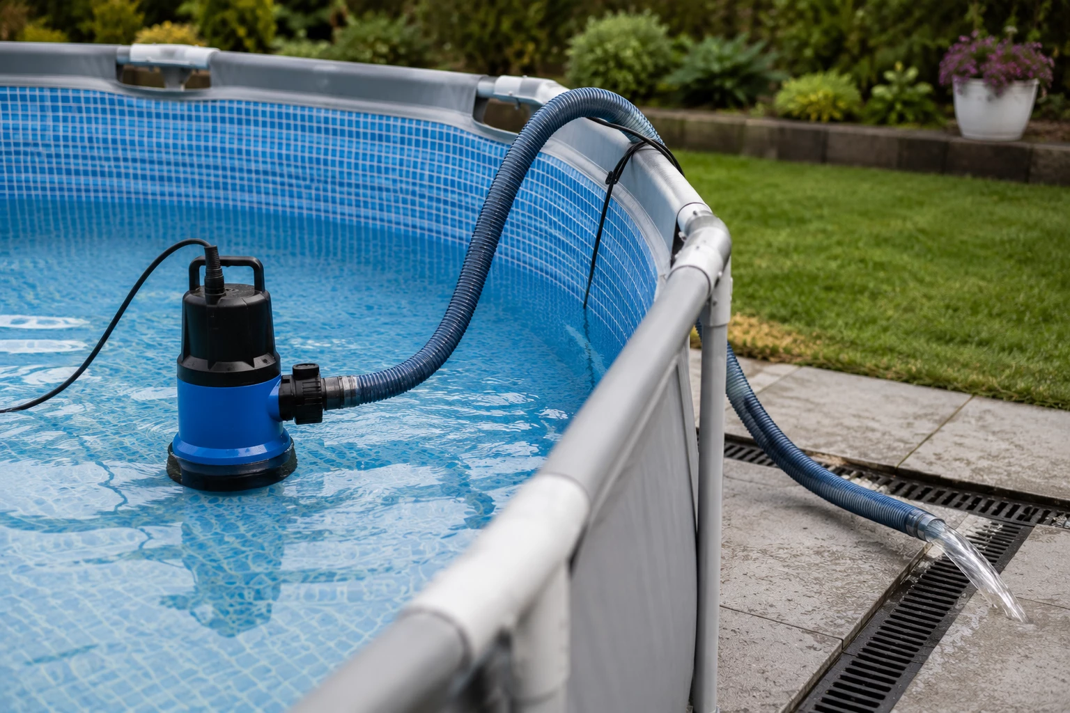 Mit einer Tauchpumpe lässt sich ein größerer Pool kontrolliert entleeren – entscheidend ist jedoch, dass das Wasser in den zulässigen Ablauf gelangt. (KI-generiert)
