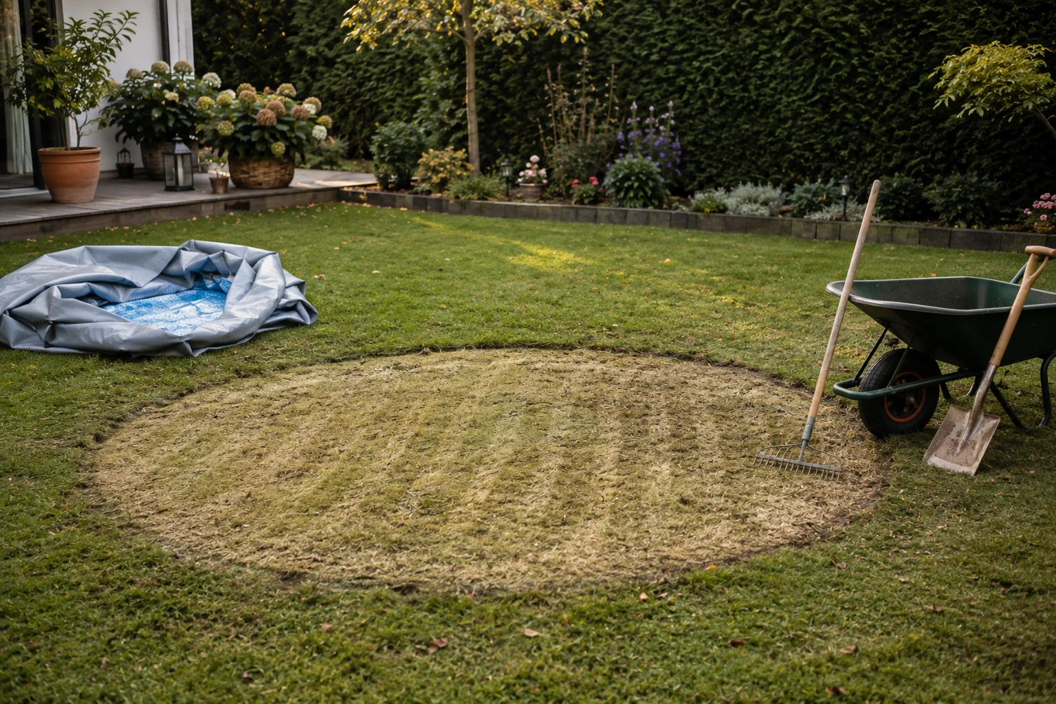 Ist der Aufstellpool abgebaut, bleibt häufig eine deutlich beanspruchte Rasenfläche zurück, die mit etwas Pflege wieder regeneriert werden kann. (KI-generiert)