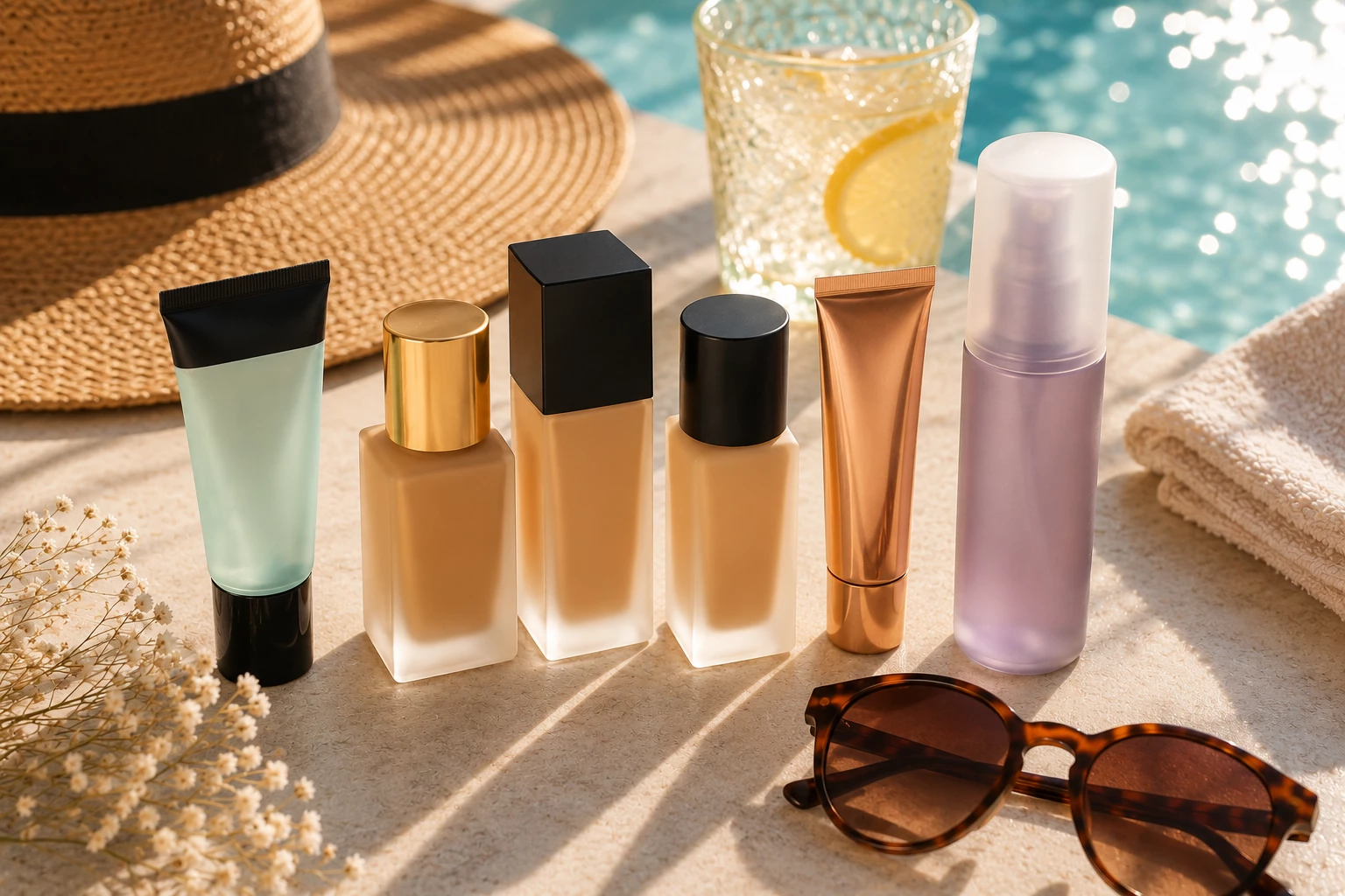Primer, Foundation und Setting Spray bilden die perfekte Kombination für ein langanhaltendes Sommer-Make-up. (KI-generiert)