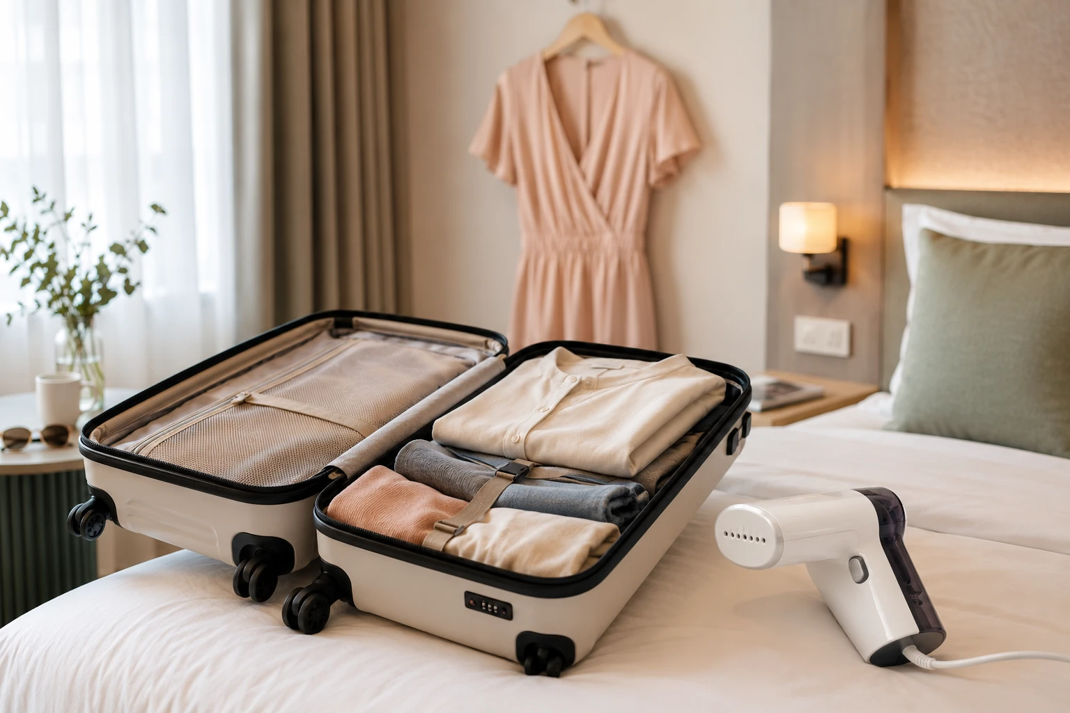 Praktisch für unterwegs: Ein kompakter Dampfglätter passt ins Reisegepäck und bringt zerknitterte Kleider und Blusen im Hotel schnell wieder in Form. (KI-generiert)