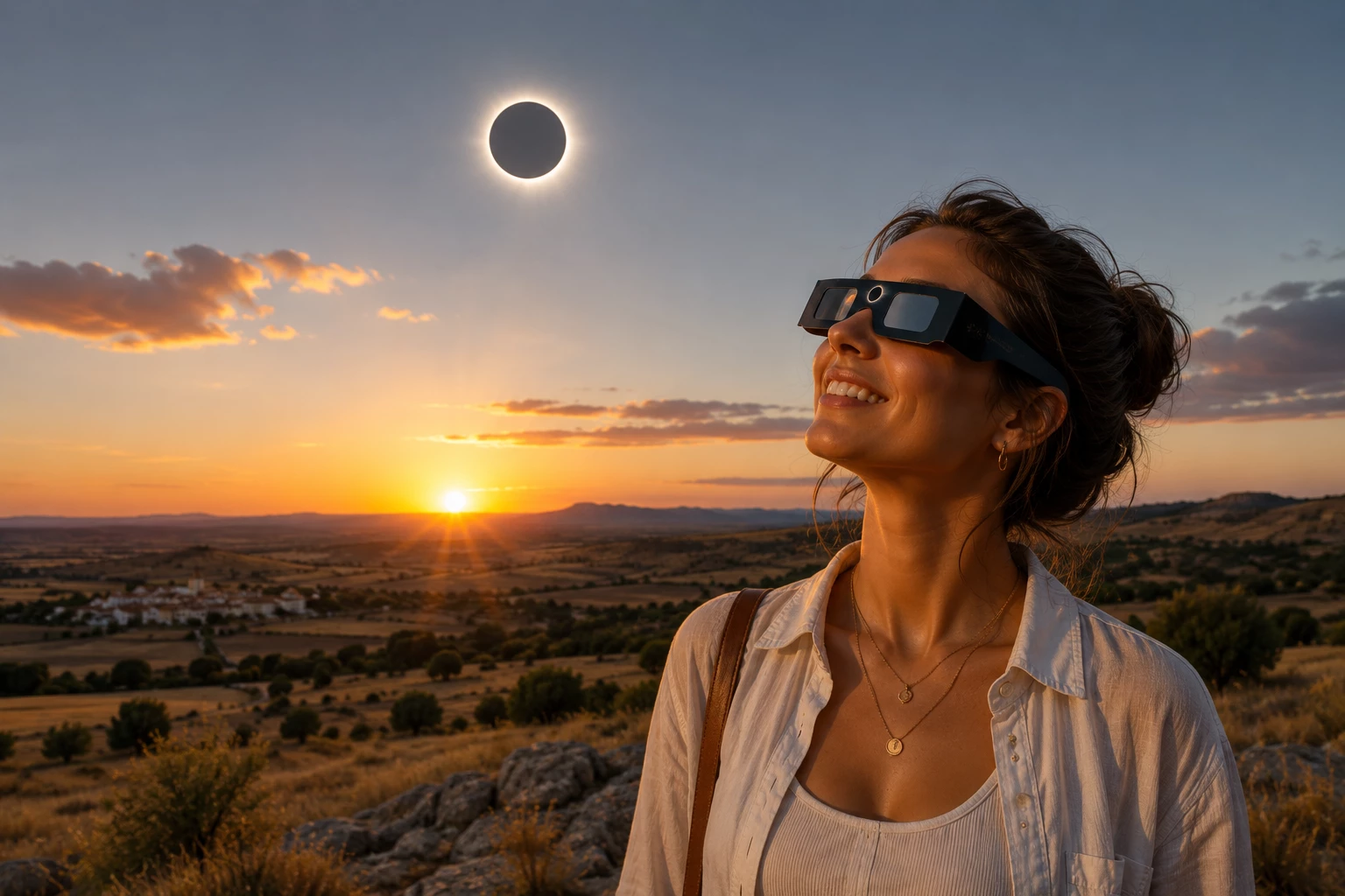Während der totalen Sonnenfinsternis 2026 wird Spanien zu einem der begehrtesten Reiseziele Europas. Mit einer zertifizierten Sonnenfinsternisbrille lässt sich das Naturschauspiel sicher beobachten. (KI-generiert)