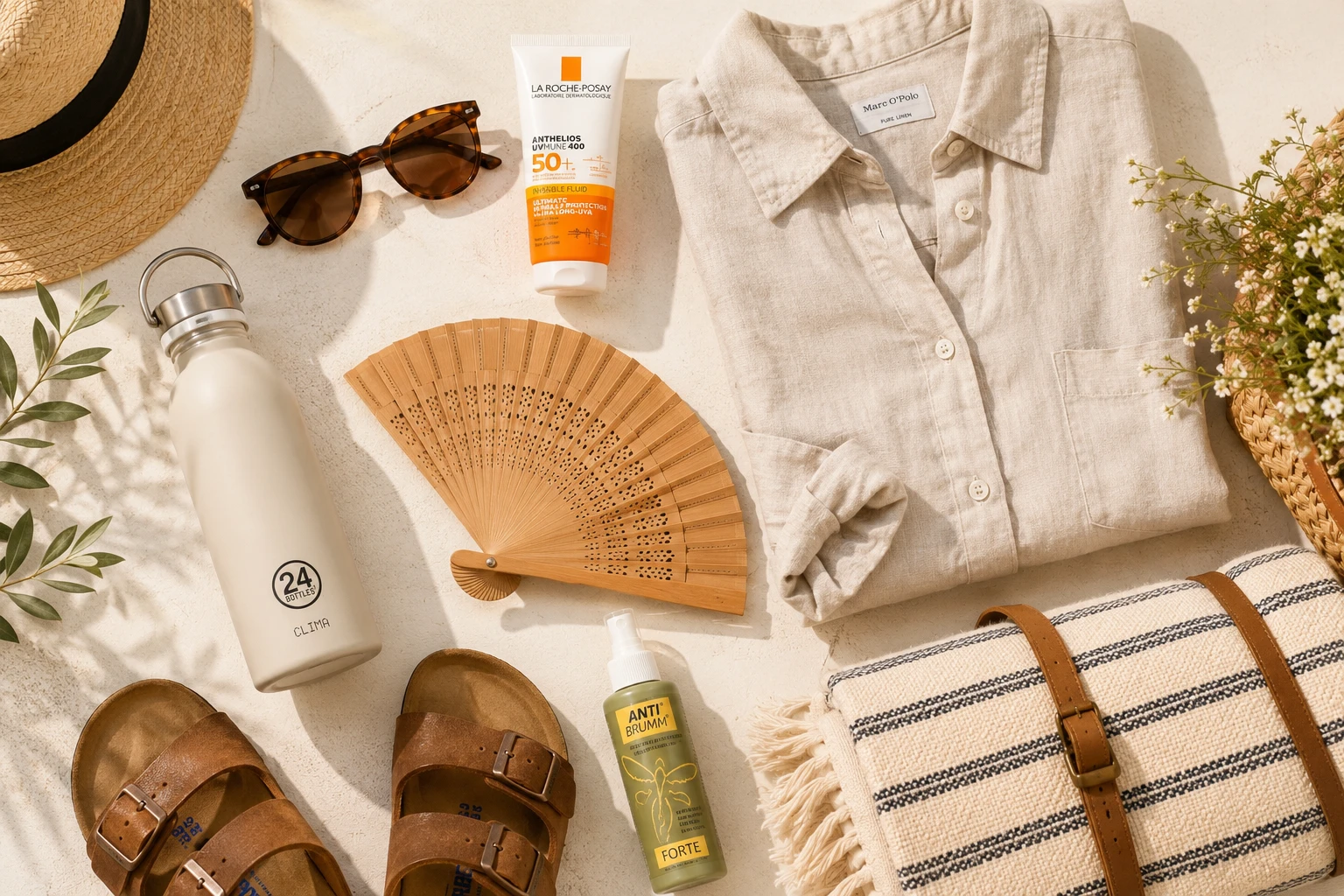 Diese Sommerhelfer dürfen noch nicht in die Winterpause: Sonnenbrille, Leinenhemd, Trinkflasche und Co. machen heiße Tage angenehmer. (KI-generiert)