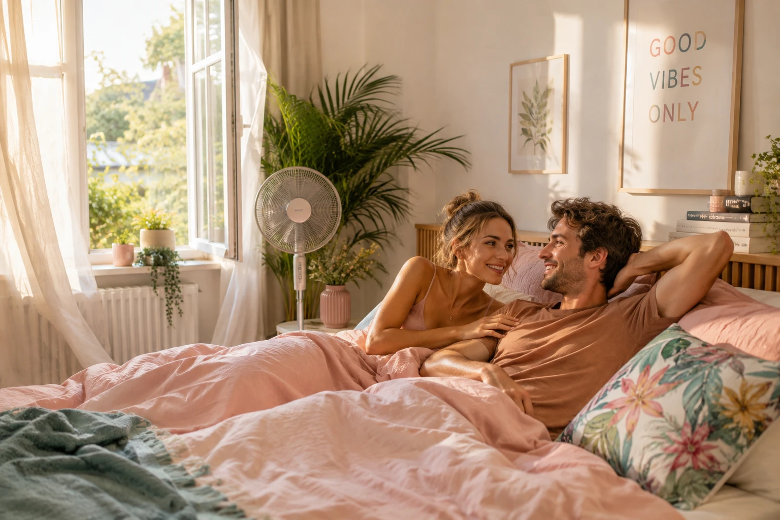 Leichte Bettwäsche, frische Morgenluft und ein Ventilator können warme Nächte deutlich entspannter machen. (KI-generiert)