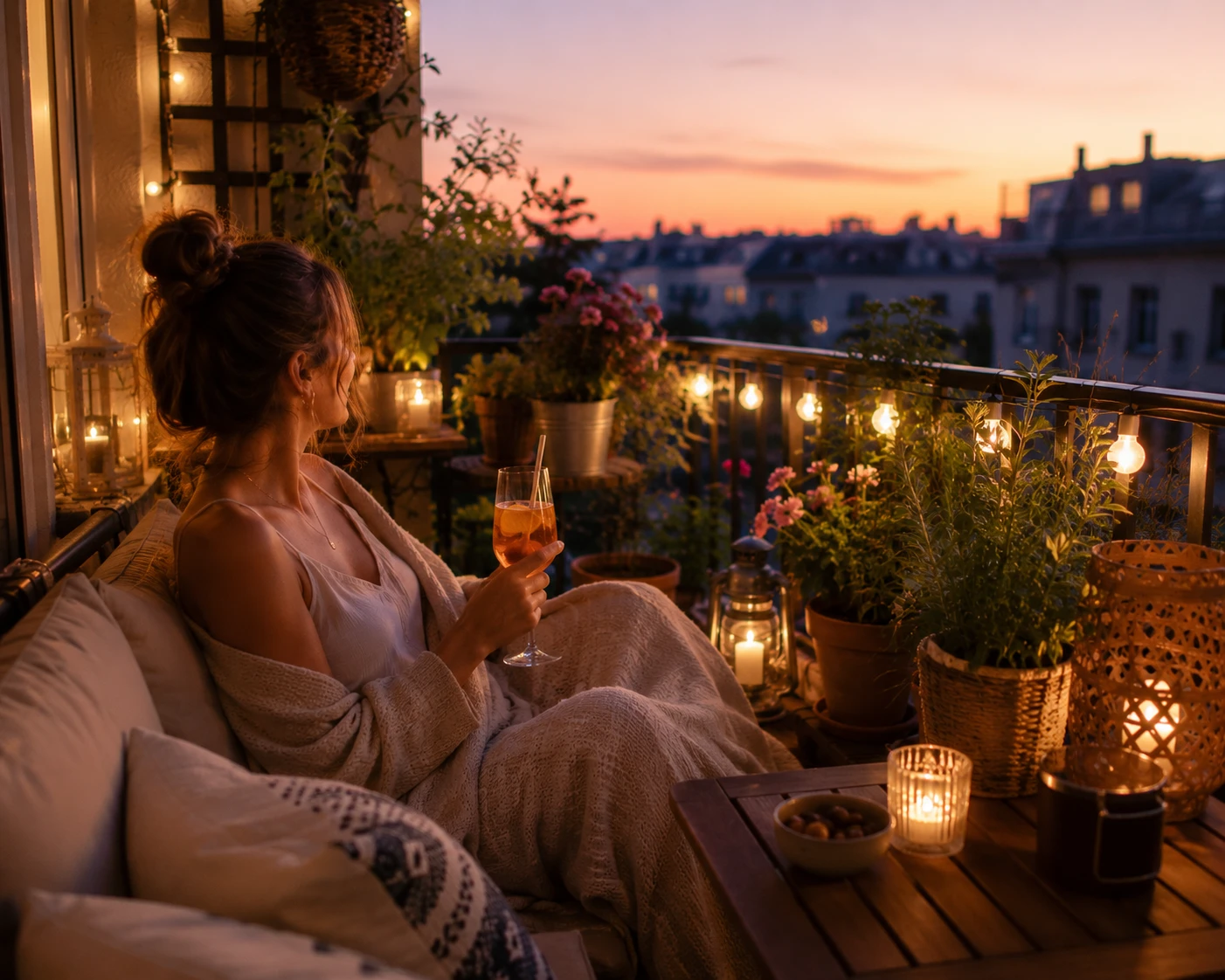 Wenn die Tage noch warm und die Abende schon etwas kühler sind, wird der Balkon mit einer leichten Decke und stimmungsvollem Licht zum gemütlichen Spätsommerplatz. (KI-generiert)