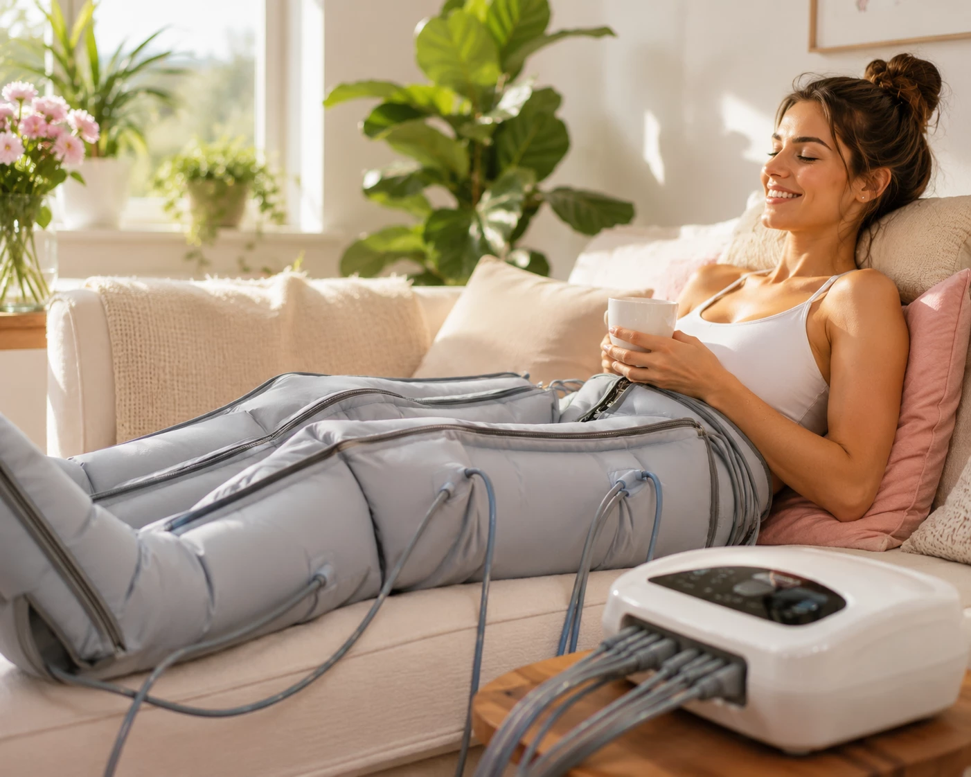 Moderne Kompressions- und Lymphmassagegeräte werden von vielen Menschen genutzt, um schwere Beine und Wassereinlagerungen zuhause zu lindern. (KI-generiert)