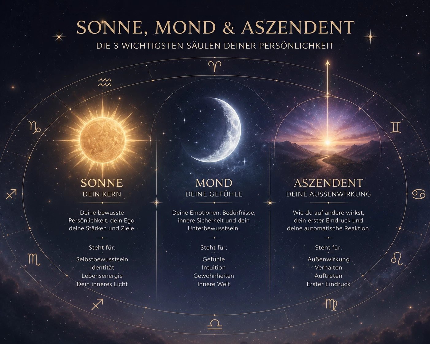 Sonne, Mond und Aszendent zeigen unterschiedliche Facetten der Persönlichkeit. (KI-generiert)