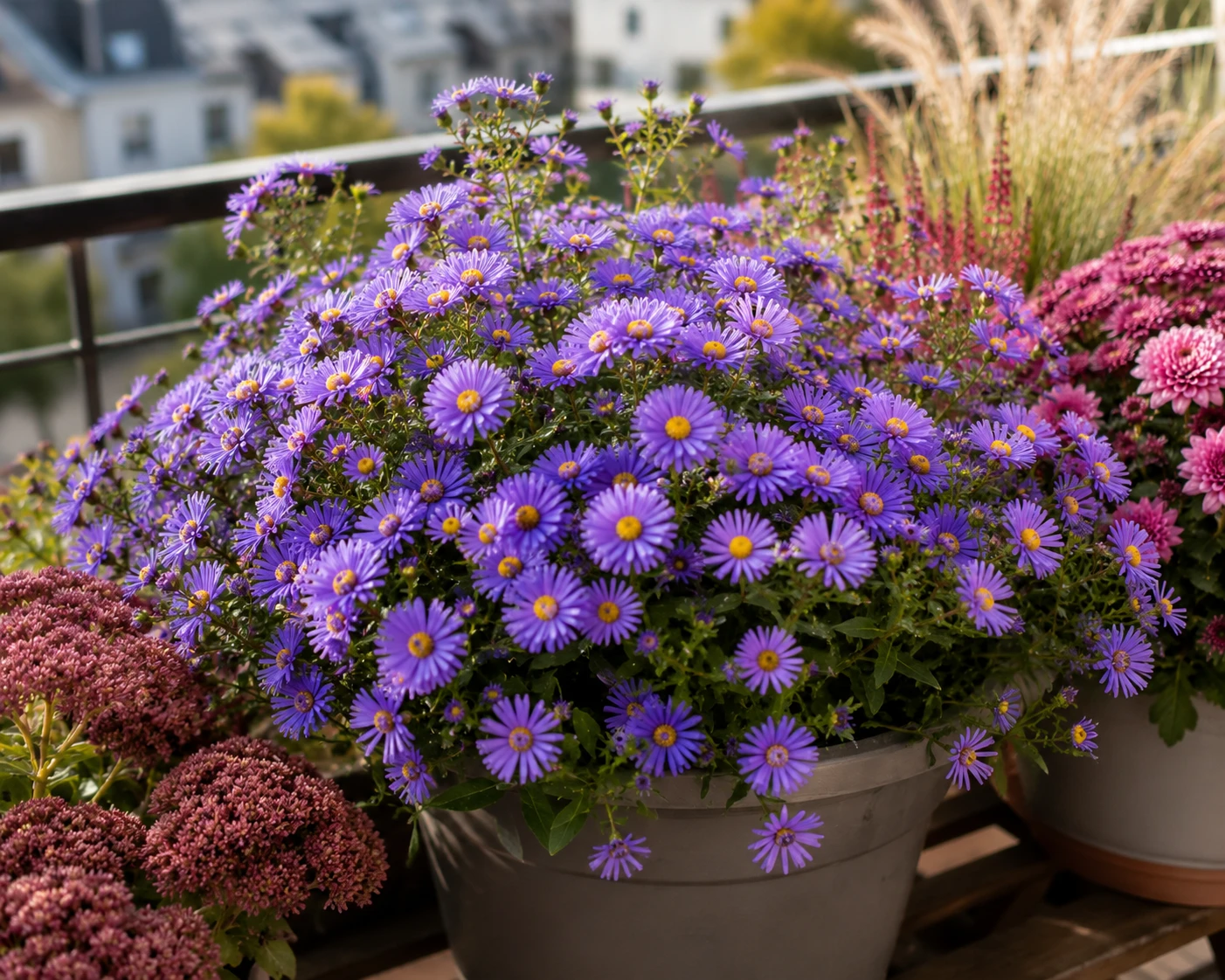 Violette Astern bringen unzählige kleine Blüten auf den Balkon und gehören zu den charakteristischen Spätblühern des Jahres. (KI-generiert)