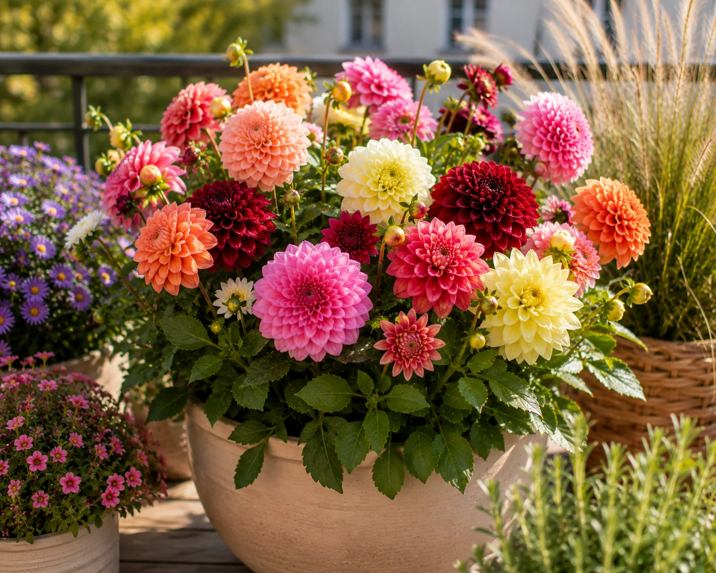 Dahlien bringen mit ihren großen Blüten noch einmal intensive Farben auf den Balkon und können bei mildem Wetter bis zum ersten Frost weiterblühen. (KI-generiert)