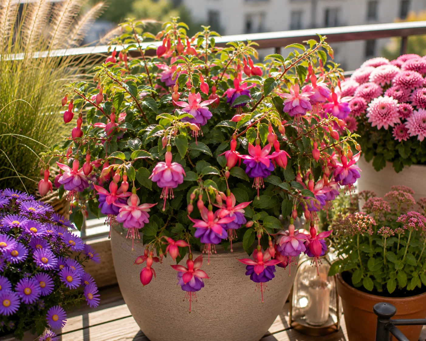 Fuchsien eignen sich besonders für weniger sonnige Balkonplätze und setzen mit ihren auffälligen, hängenden Blüten farbenfrohe Akzente. (KI-generiert)