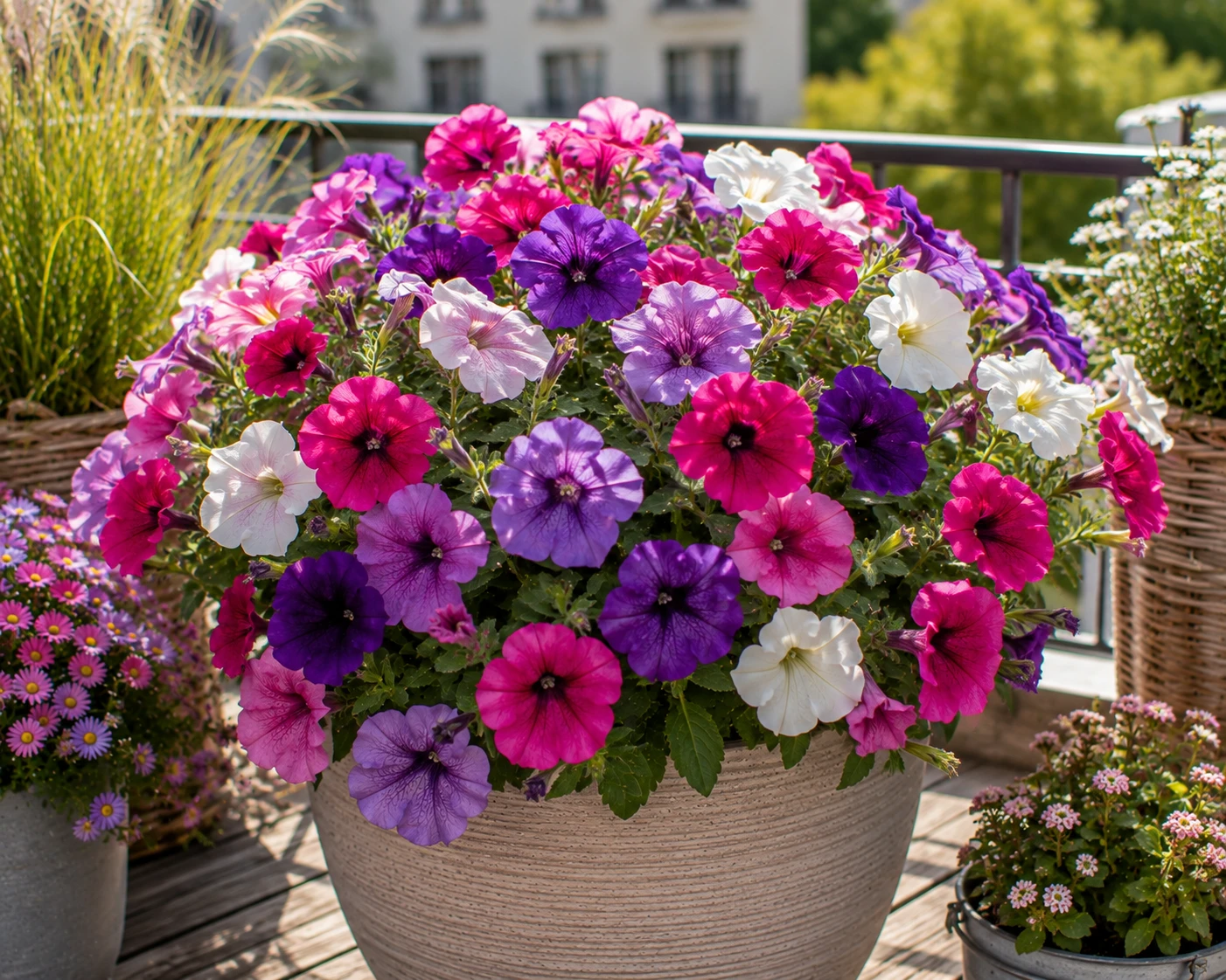 Verbenen bringen mit ihren zahlreichen kleinen Blüten in Rosa, Violett oder Weiß noch lange Farbe in den Balkonkasten und können bei guter Pflege bis in den Herbst hinein weiterblühen. (KI-generiert)