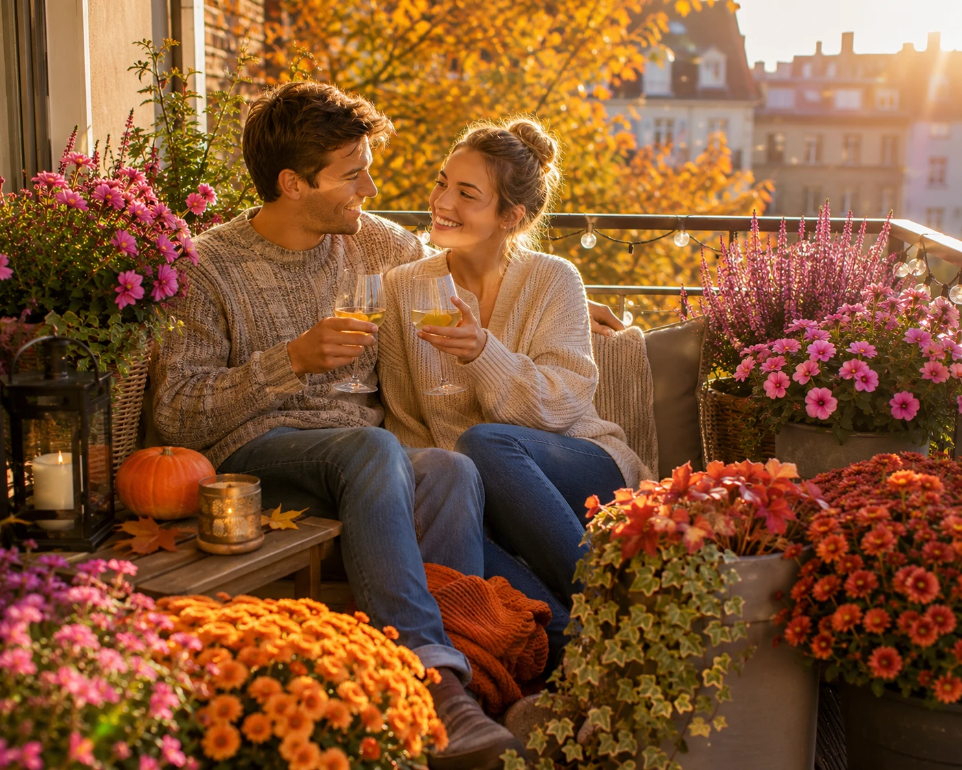 Zwischen Chrysanthemen, Heide und anderen Herbstpflanzen wird der Balkon an milden Tagen zum gemütlichen Lieblingsplatz für die letzten warmen Sonnenstunden. (KI-generiert)
