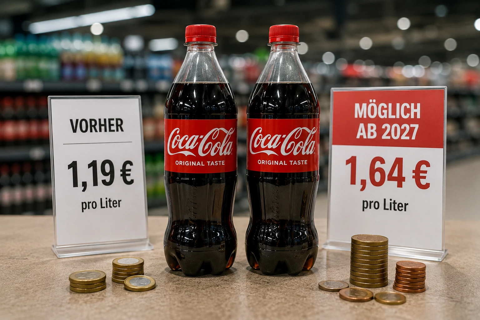 Zwei Cola-Flaschen im Supermarkt zeigen, wie deutlich sich eine mögliche Zuckersteuer auf den Preis auswirken könnte. (KI-generiert)