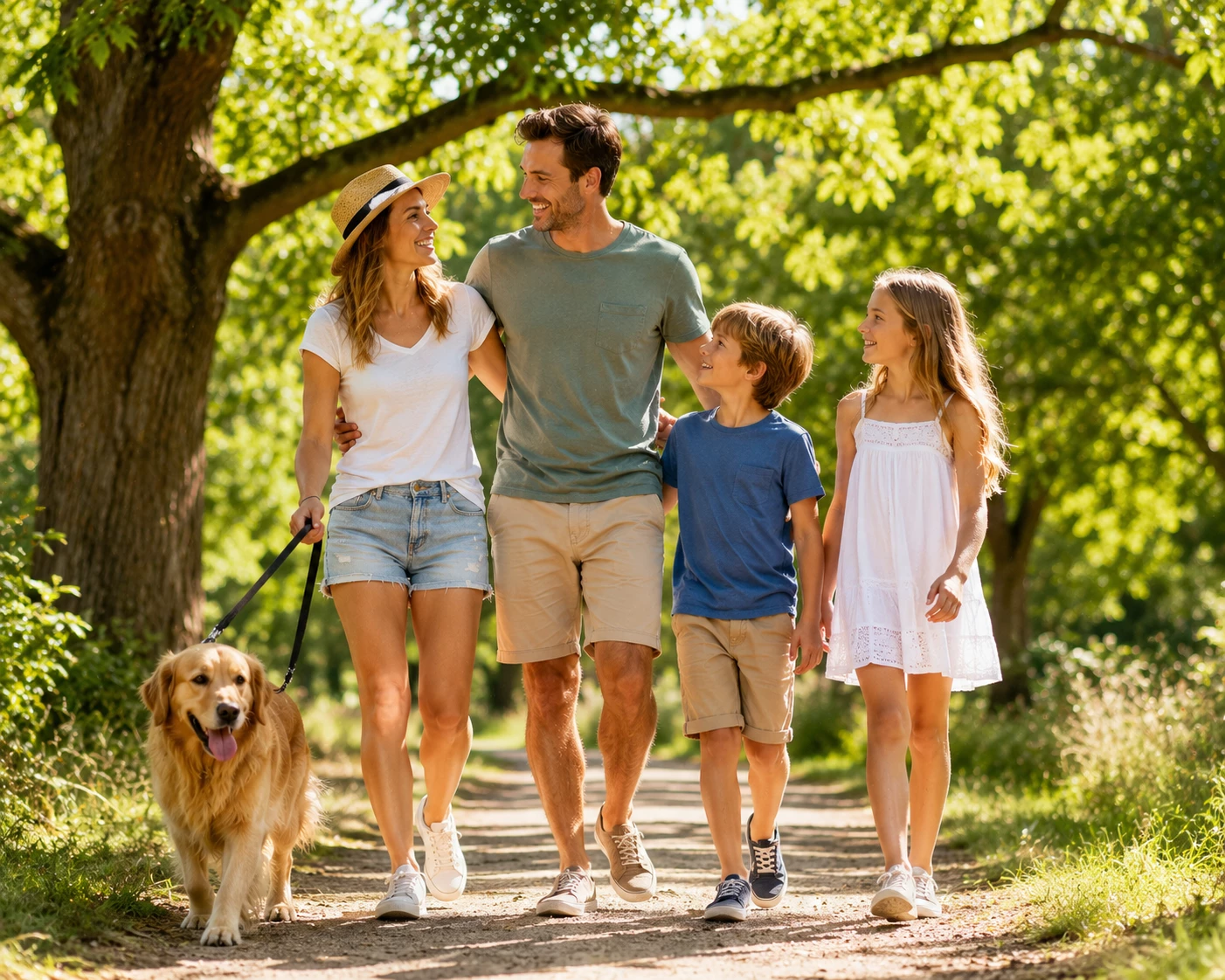 Spaziergänge unter Eichen sind im Sommer besonders schön – in Regionen mit Eichenprozessionsspinnern ist jedoch Aufmerksamkeit gefragt, vor allem mit Kindern und Hunden. (KI-generiert)