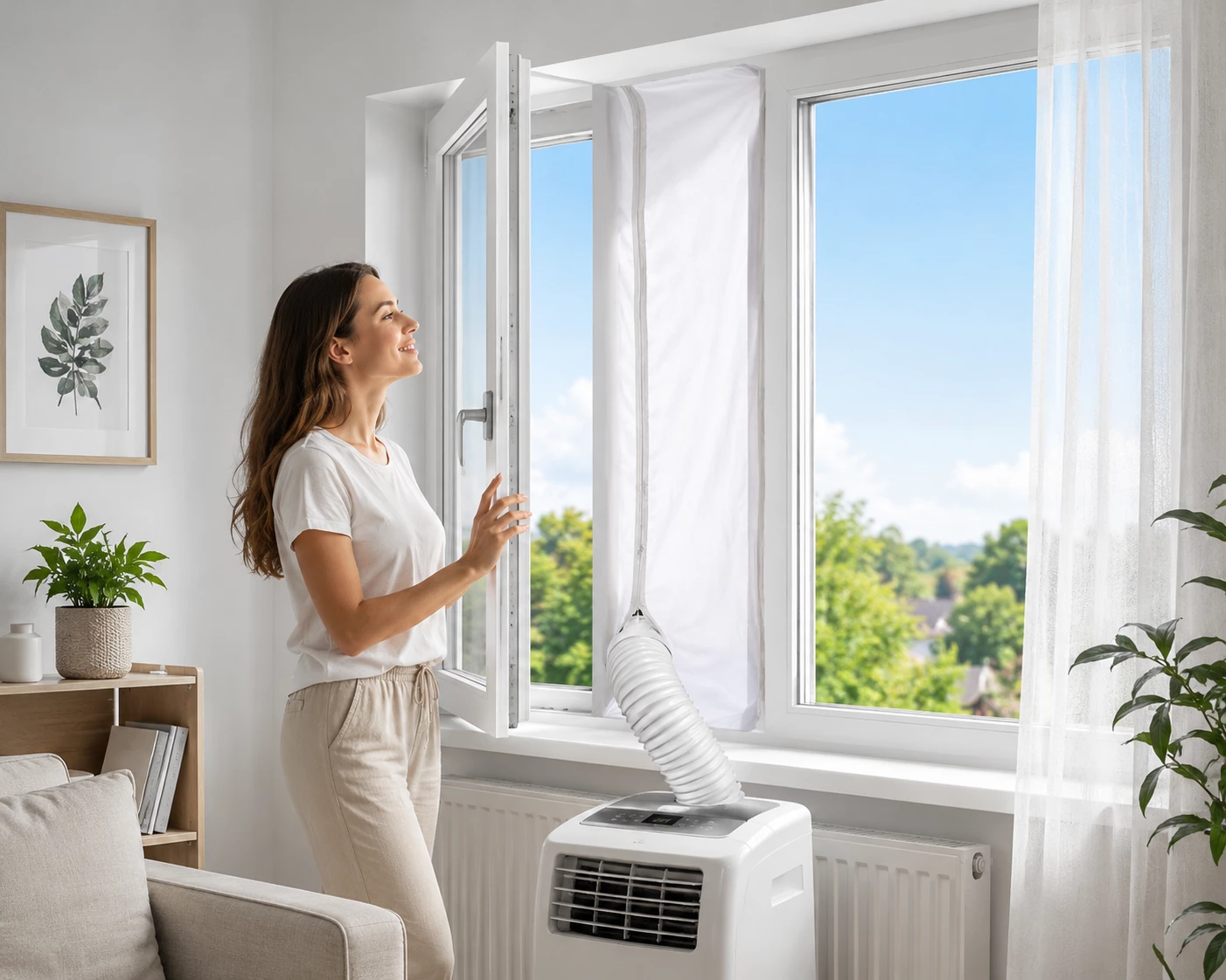 Eine Fensterabdichtung verhindert, dass warme Außenluft zurück in den Raum strömt, und verbessert so die Kühlleistung einer mobilen Klimaanlage deutlich. (KI-generiert)