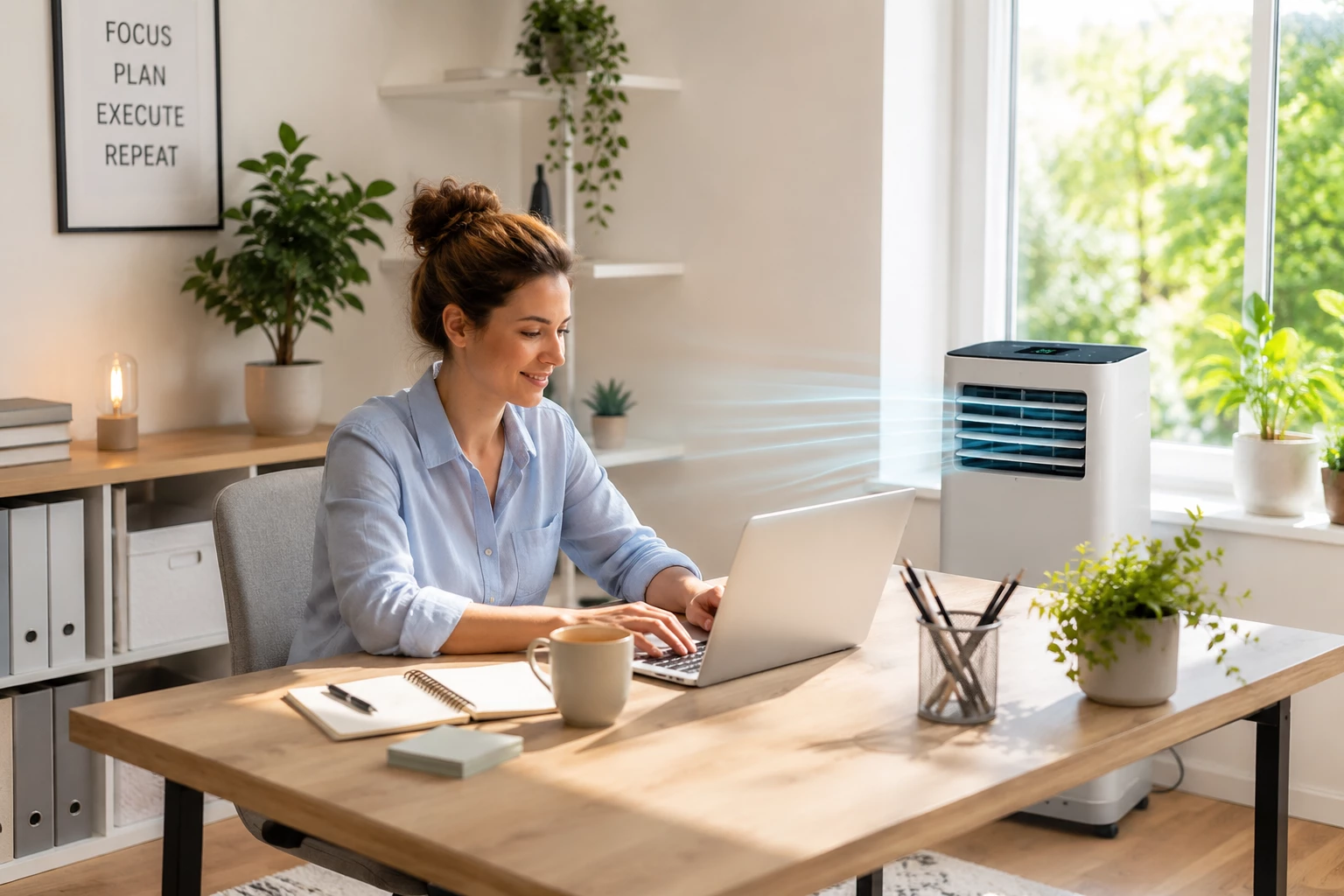 Ein angenehm temperiertes Homeoffice sorgt auch an heißen Sommertagen für mehr Konzentration und entspanntes Arbeiten. (KI-generiert)