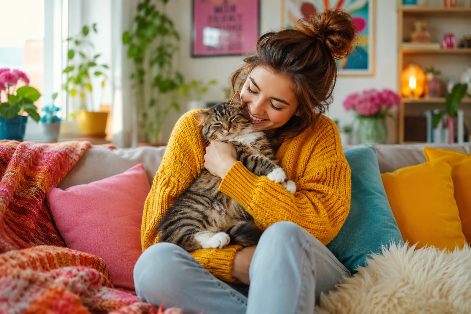 Gemeinsame Kuschelzeit mit der Katze ist unbezahlbar – mit den richtigen Helfern lassen sich Tierhaare anschließend schnell und einfach entfernen. (KI-generiert)