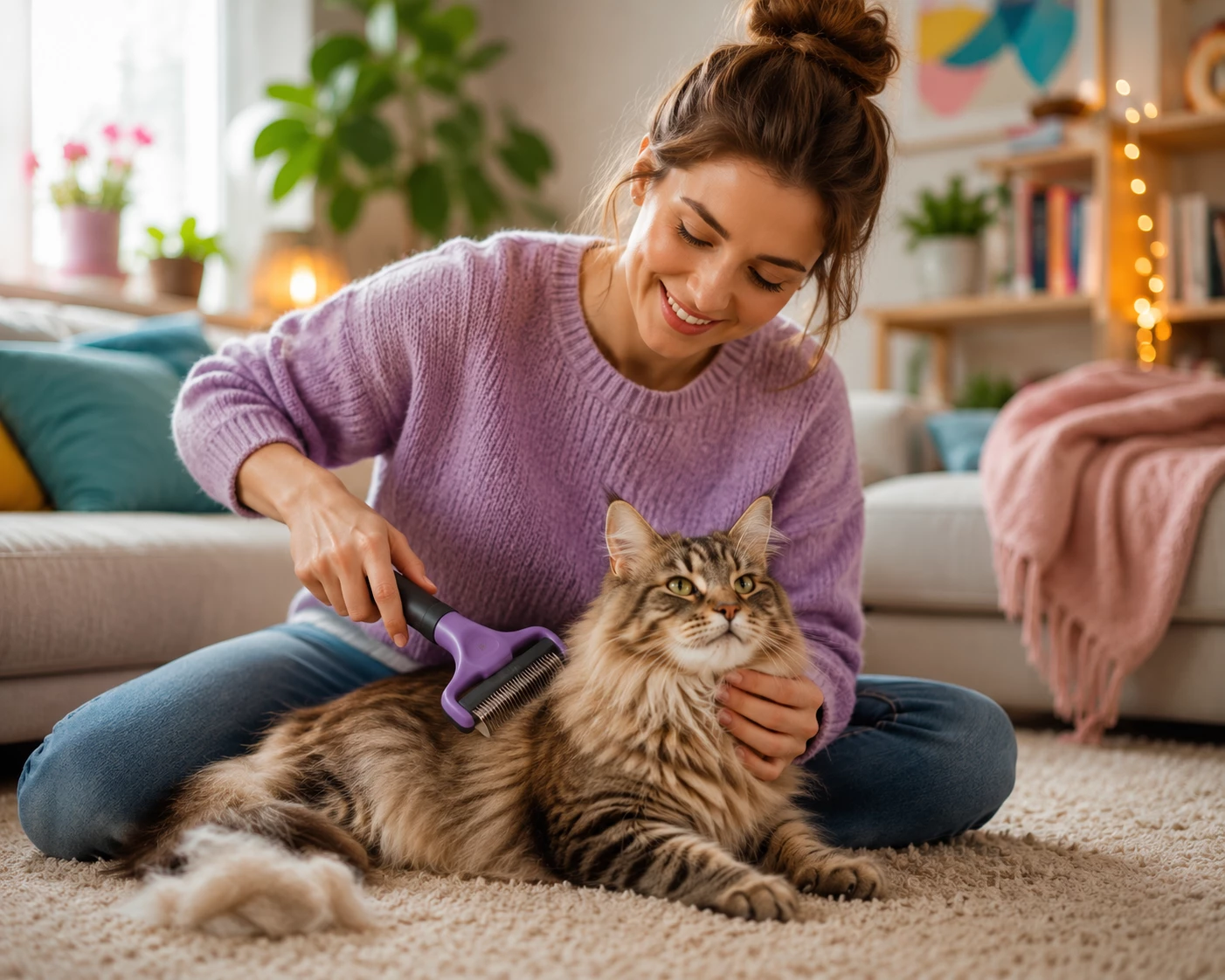 Wer seine Katze regelmäßig bürstet, entfernt lose Haare direkt aus dem Fell und reduziert Tierhaare in der Wohnung deutlich. (KI-generiert)