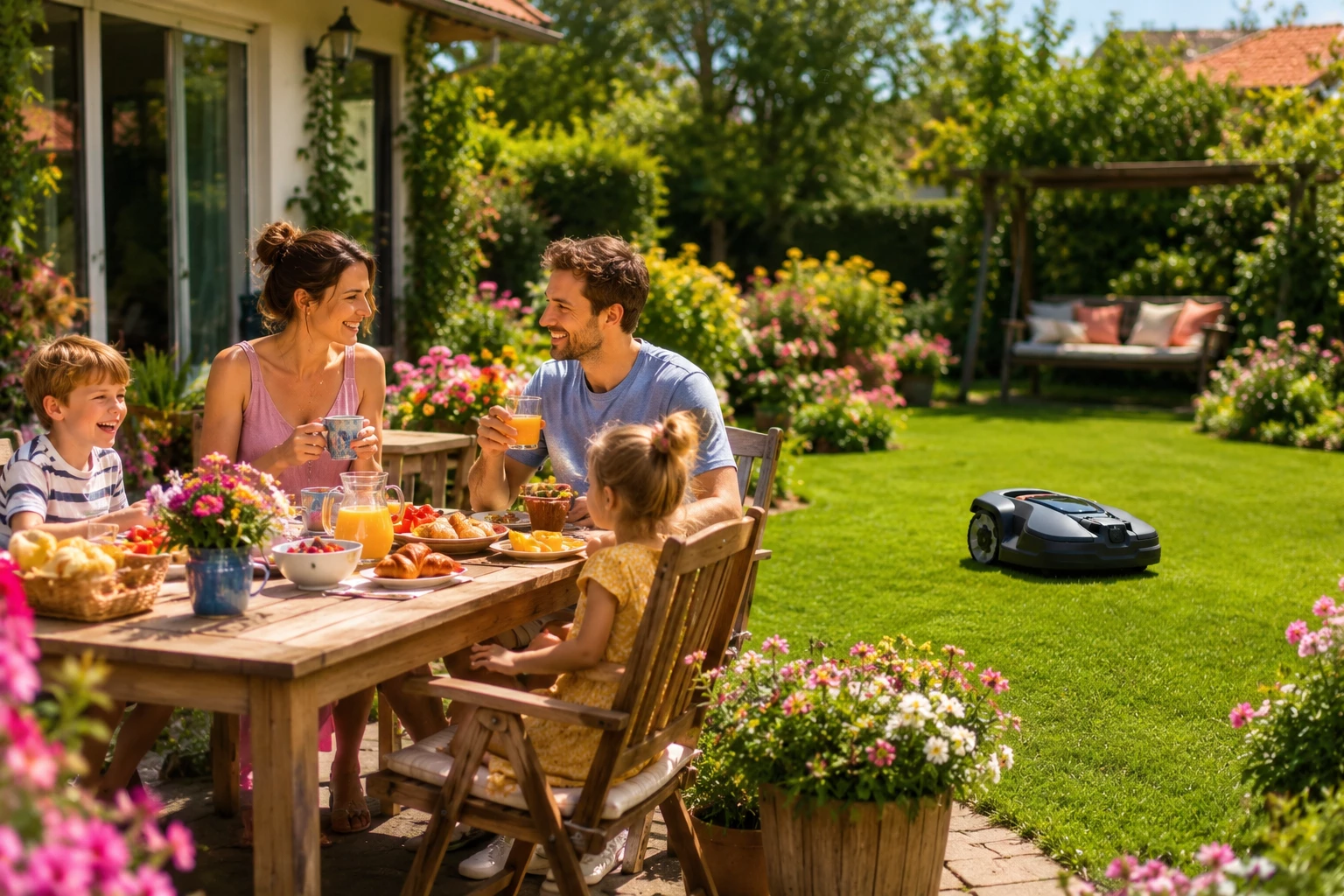 Mehr Zeit zum Genießen: Während der Mähroboter arbeitet, bleibt der Garten die perfekte Wohlfühl-Oase. (KI-generiert)