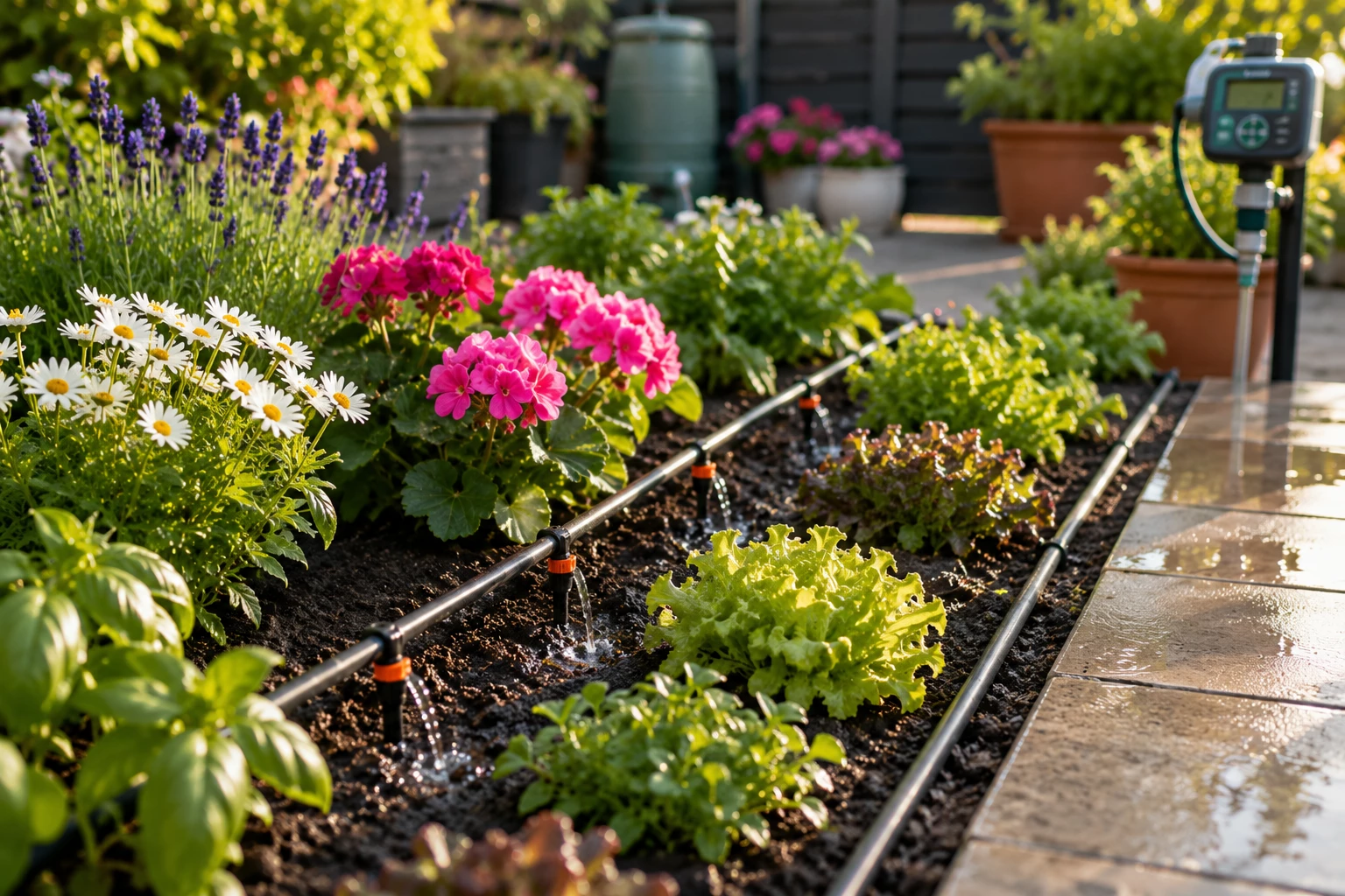 Dank einer automatischen Bewässerungsanlage bleibt der Garten auch in der Urlaubszeit grün und blühend – zur Freude der ganzen Familie. (KI-generiert)