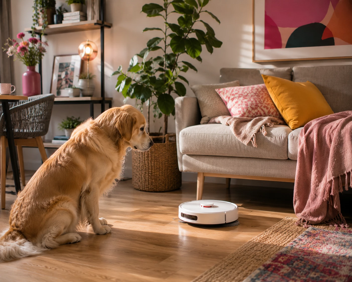 Viele Haustiere gewöhnen sich schnell an moderne Saug-Wisch-Roboter, die Tierhaare zuverlässig von Hartböden und Teppichen entfernen. (KI-generiert)