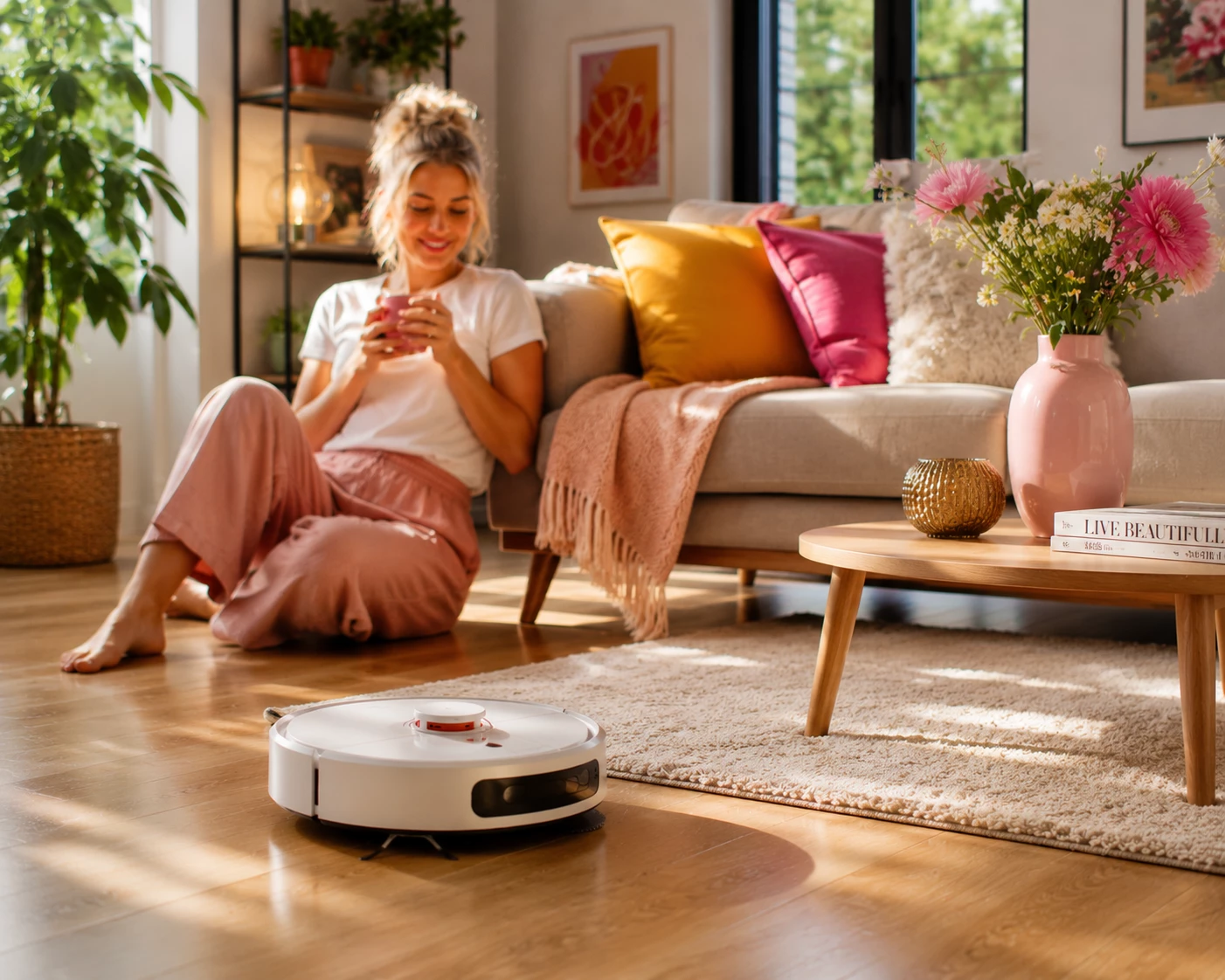 Automatische Reinigungsprogramme sorgen dafür, dass Böden sauber bleiben – auch wenn du gerade eine kleine Pause einlegst. (KI-generiert)