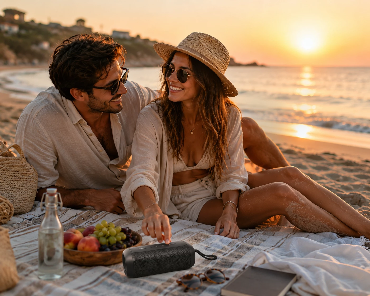 Ob Sonnenuntergang am Meer oder entspannter Tag am See: Kleine Bluetooth-Lautsprecher passen problemlos ins Reisegepäck und liefern unterwegs den Soundtrack für die schönsten Urlaubsmomente. (KI-generiert)