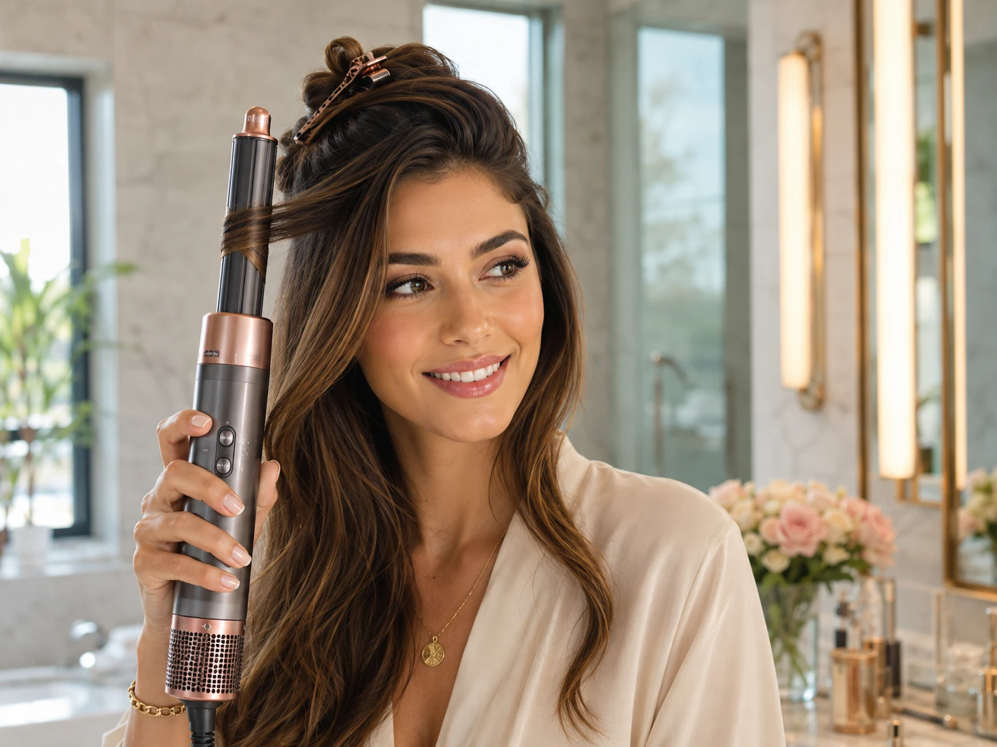 Automatische Lockenaufsätze ziehen einzelne Haarsträhnen mithilfe des Luftstroms um den Styler und machen das Lockenstyling besonders komfortabel. (KI-generiert)