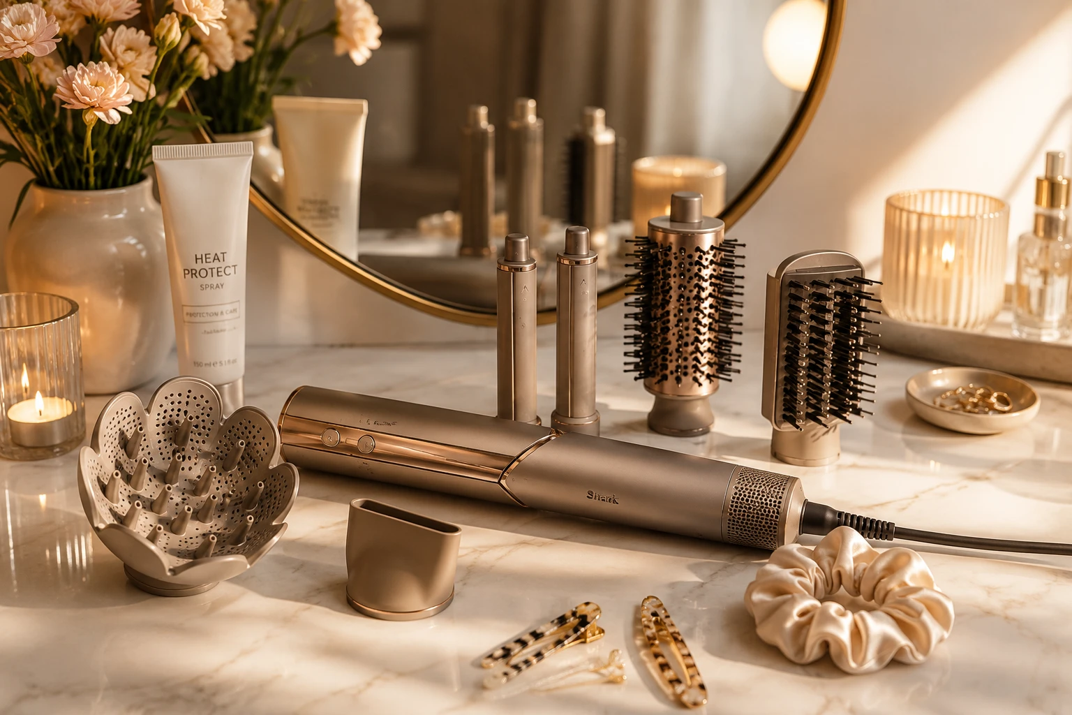 Lockenaufsätze, Rundbürste, Paddelbürste und Hitzeschutz zeigen, wie vielseitig moderne Multi-Styler im Beauty-Alltag eingesetzt werden können. (KI-generiert)