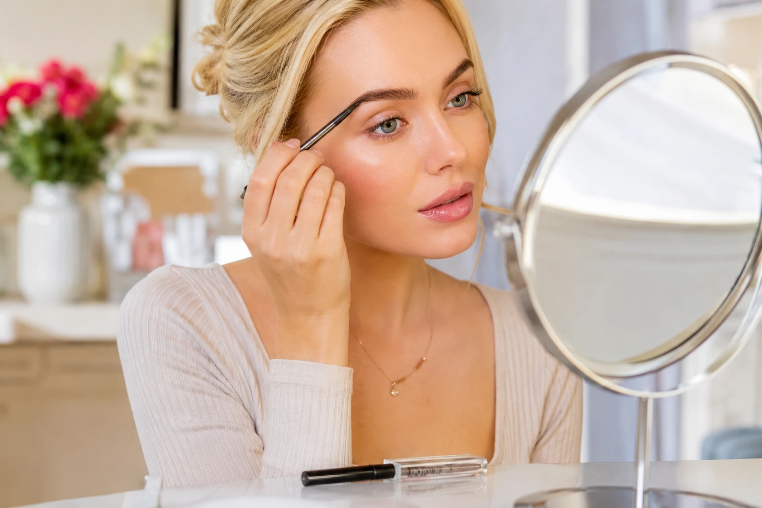 Kleine Lücken lassen sich mit einem feinen Augenbrauenstift gezielt auffüllen, bevor ein transparentes Brow Gel die Härchen anschließend in Form hält. (KI-generiert)