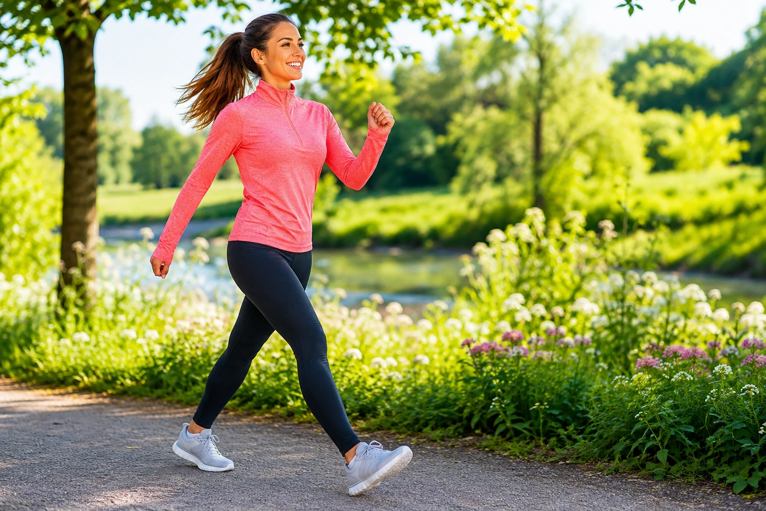 Power-Walking bringt Tempo in den Spaziergang und kann eine effektive Alternative sein, wenn du deine Ausdauer steigern möchtest, ohne direkt zu joggen. (KI-generiert)