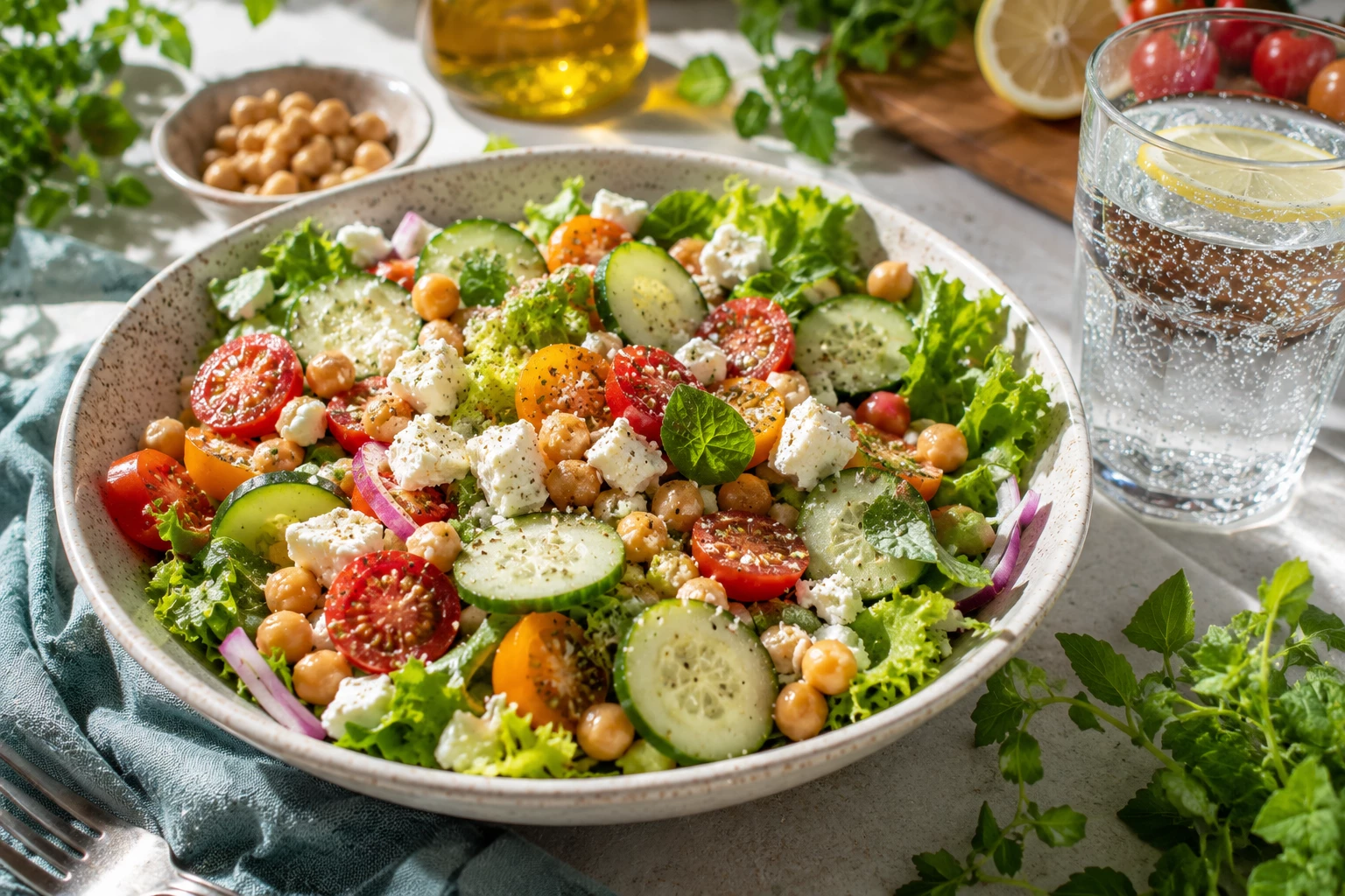 Wasserreiche Lebensmittel wie Gurken, Tomaten und Blattsalat liefern gemeinsam mit Mineralwasser eine ideale Grundlage für heiße Sommertage und unterstützen den Flüssigkeitshaushalt. (KI-generiert)