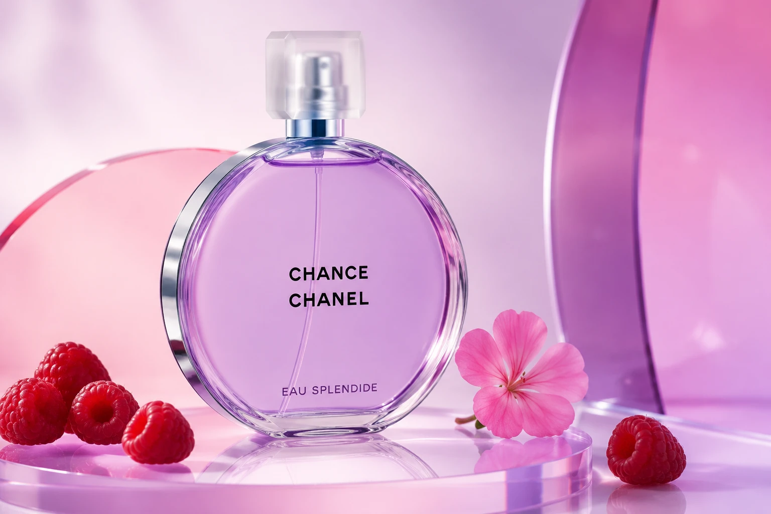 Fruchtig, floral und strahlend: Chanel Chance Eau Splendide verbindet Himbeere mit Rosengeranie, Iris und weichem Moschus. (PR-inspiriert, KI-generiert)