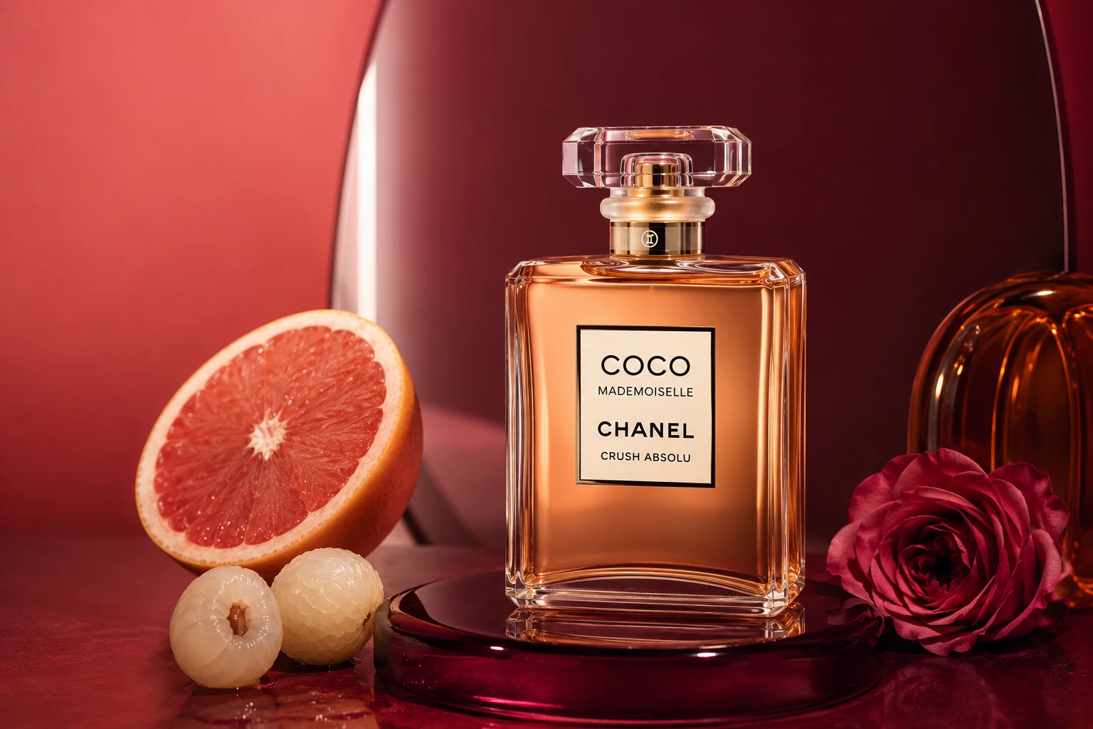 Litschi und Grapefruit eröffnen Chanel Coco Mademoiselle Crush Absolu, bevor Rose, Jasmin, Patchouli und Amber für sinnliche Tiefe sorgen. (PR-inspiriert, KI-generiert)