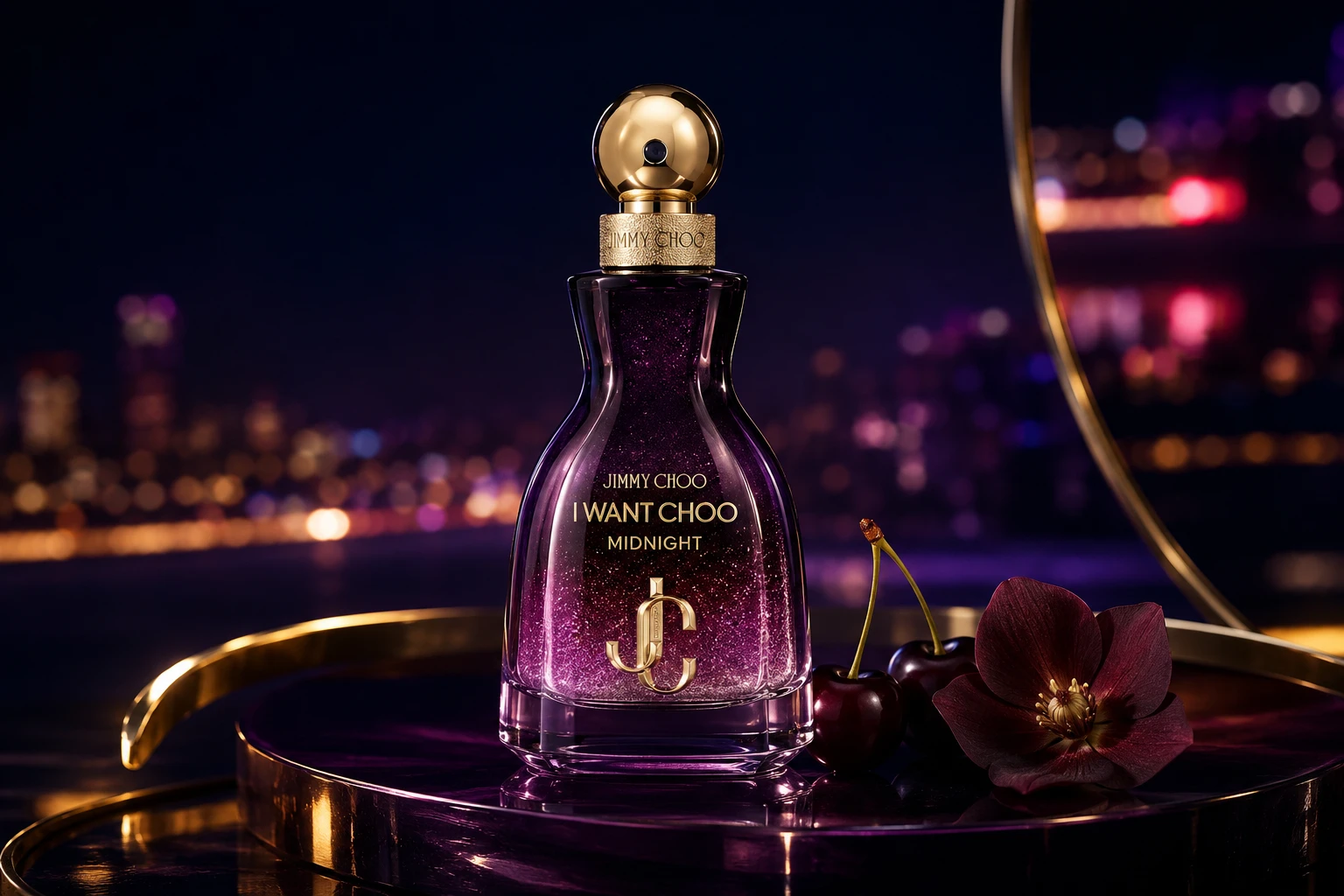 Dunkle Fruchtigkeit, warme Süße und glamouröse Tiefe machen Jimmy Choo I Want Choo Midnight zum Begleiter für besondere Abende. (PR-inspiriert, KI-generiert)