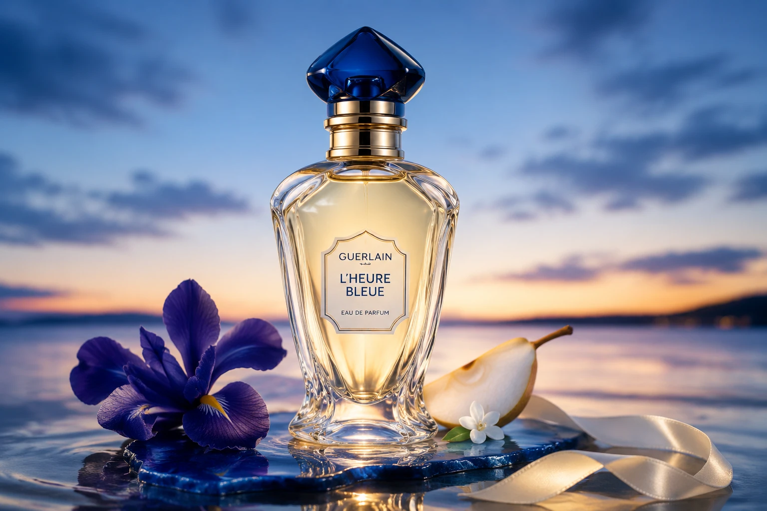 Die neue Interpretation von Guerlain L’Heure Bleue verbindet die Frische der blauen Stunde mit pudriger Iris, Birne und warmer Vanille. (PR-inspiriert, KI-generiert)