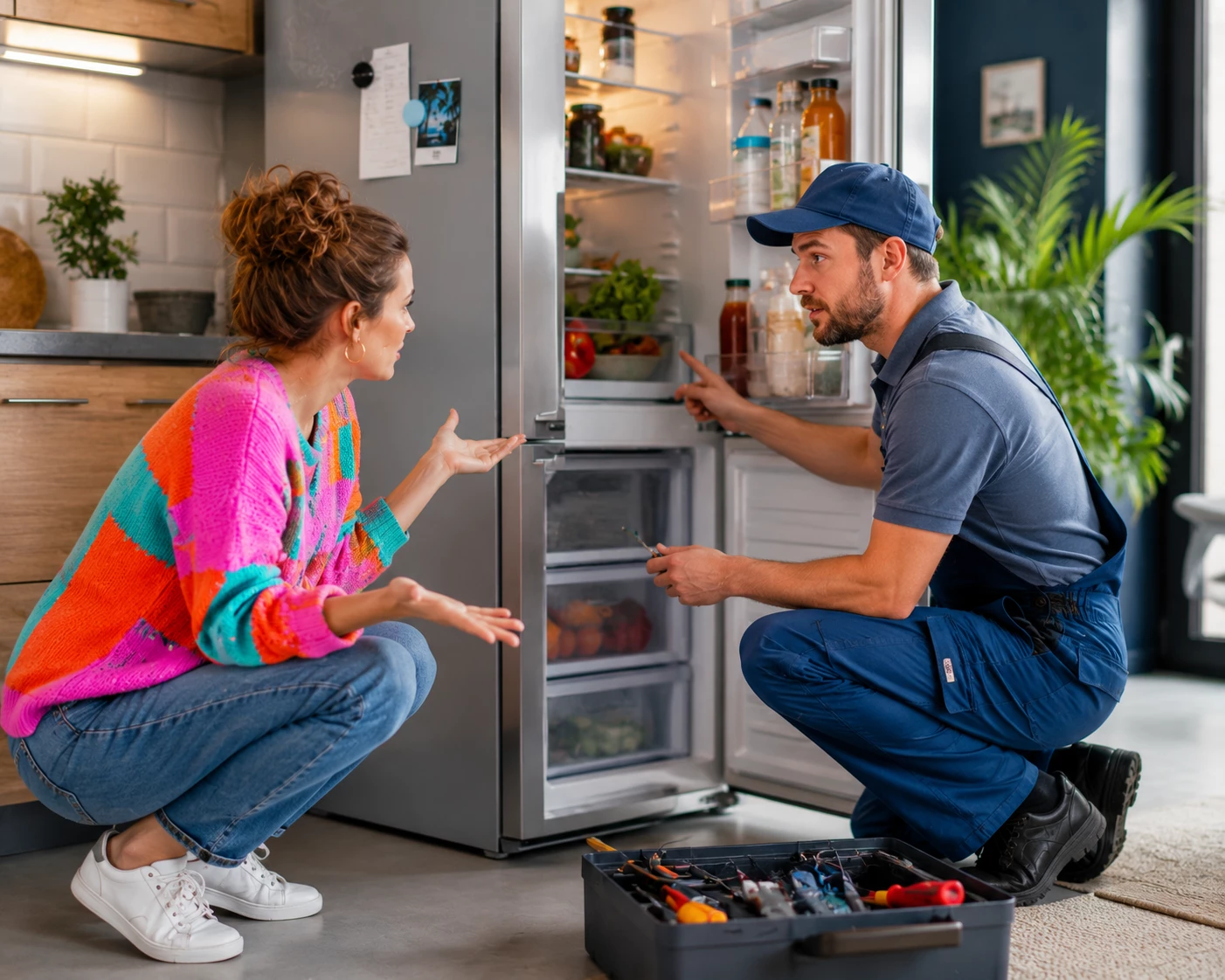 Ein Fachhandwerker untersucht einen möglicherweise defekten Kühlschrank und erklärt die möglichen Ursachen. Vor einem Neukauf lohnt sich oft ein Reparaturangebot. (KI-generiert)