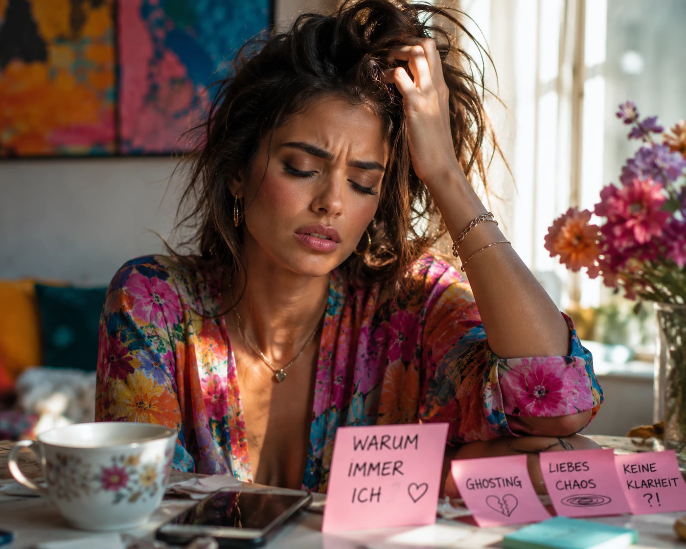 Zwischen Ghosting, Liebeskummer und Unsicherheit: Beziehungschaos kann emotional belastend sein – und dennoch immer wieder faszinieren. (KI-generiert)
