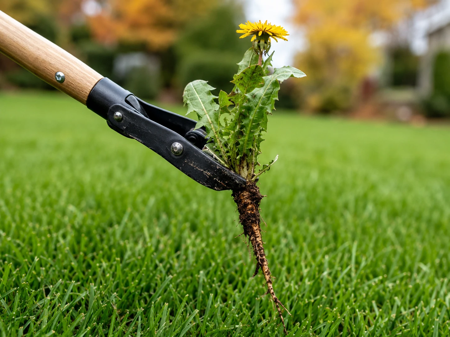 Herbstliche Gartenpflege muss keine Großaktion sein: Wer Unkraut im Rasen regelmäßig und gezielt entfernt, hält die Grasnarbe gepflegt und beugt neuen Problemstellen vor. (KI-generiert)