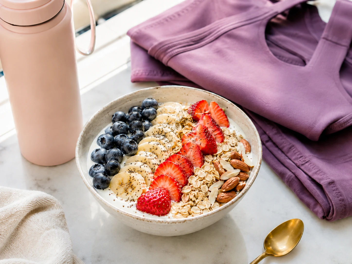 Nach dem Training liefert eine ausgewogene Bowl mit Skyr oder pflanzlicher Alternative, Haferflocken, Obst und Nüssen eine unkomplizierte Mischung aus Protein, Kohlenhydraten und gesunden Fetten. (KI-generiert)