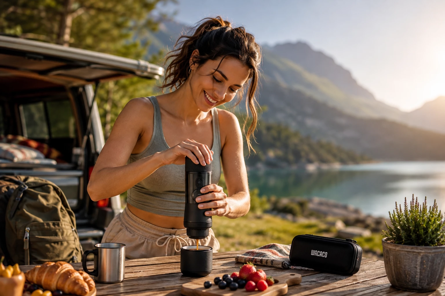 Frau bedient mobile Kaffeemaschine:</strong /></p>
<h2 id=
