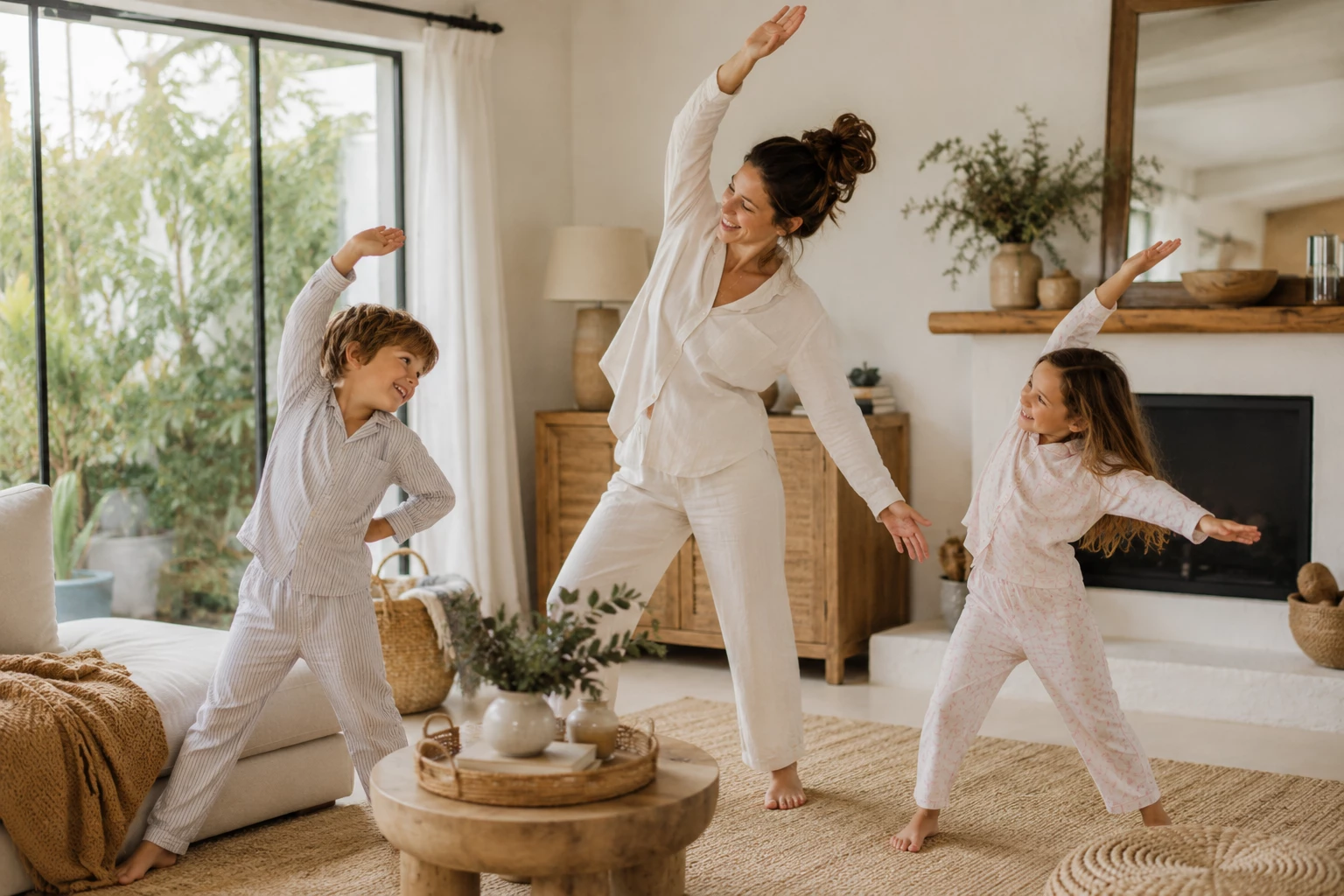 Es muss nicht die Yoga Session sein, manchmal reicht auch tanzen oder strecken mit den Kids. (Bild KI generiert)