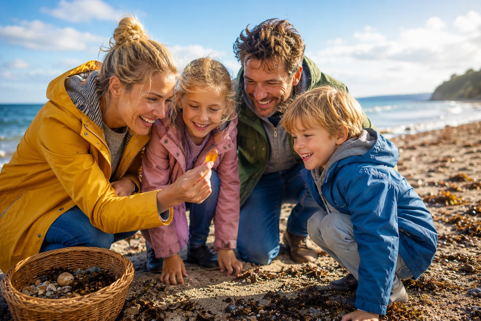 Die Freude über einen echten Bernsteinfund macht die Suche an Nord- und Ostseestränden zu einem besonderen Familienerlebnis. (KI-generiert)