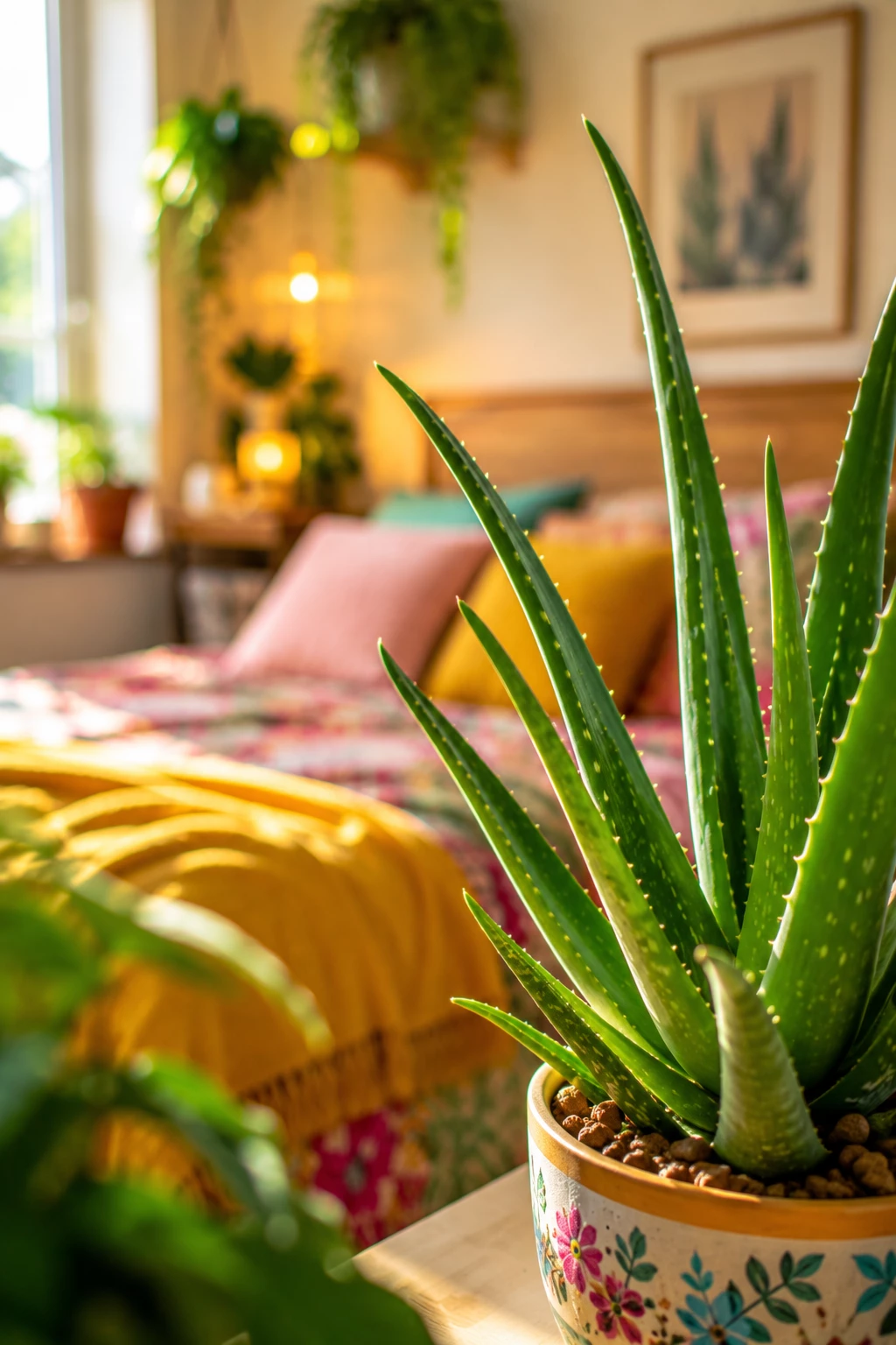 Aloe Vera punktet mit ihrer unkomplizierten Pflege und bringt frisches Grün ins Schlafzimmer. (KI-generiert)