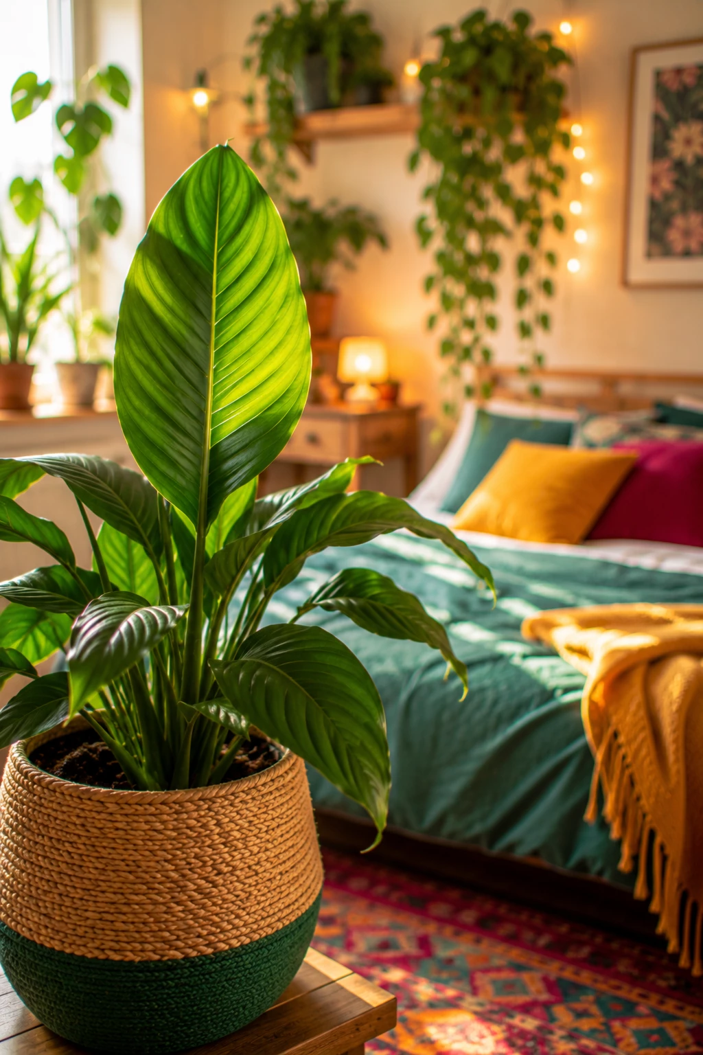 Das Einblatt bringt elegante Blätter und weiße Blüten ins Schlafzimmer und wirkt besonders harmonisch. (KI-generiert)