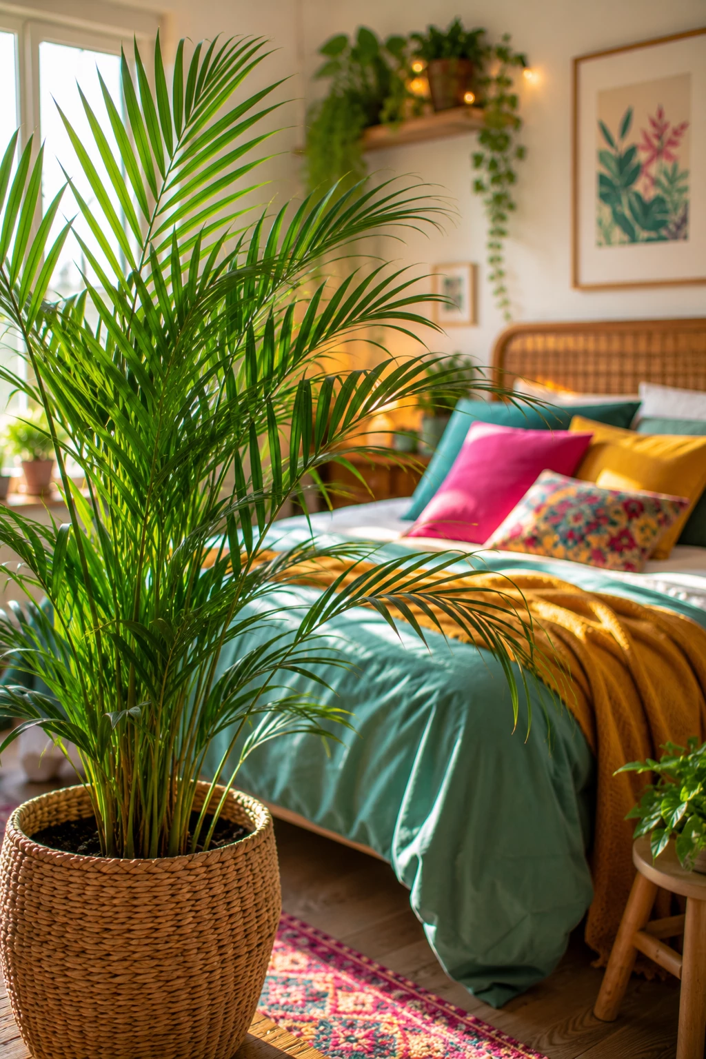 Die Areca-Palme verleiht dem Schlafzimmer ein tropisches Flair und wirkt angenehm leicht. (KI-generiert)